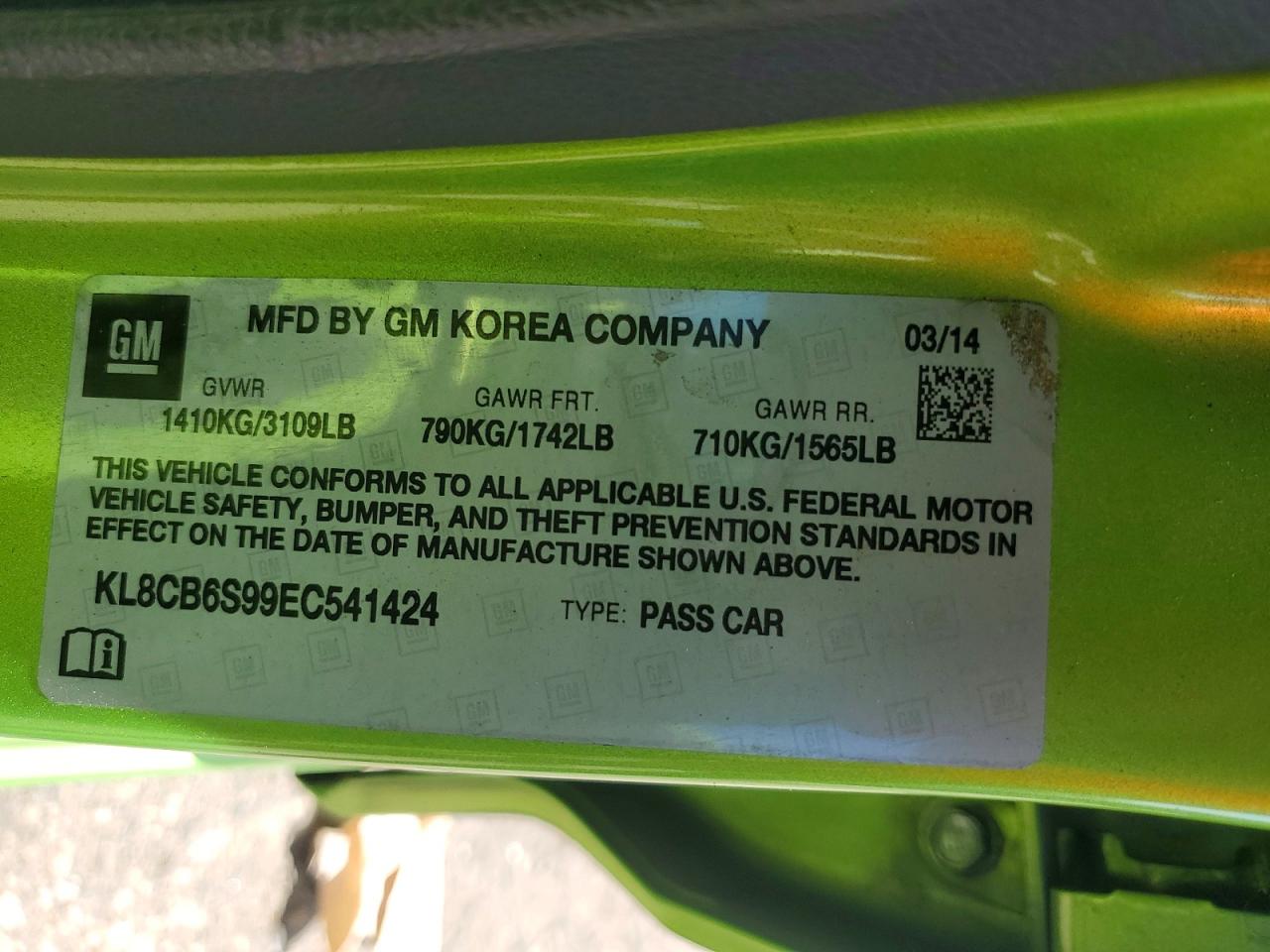 2014 Chevrolet Spark Ls Green vin: KL8CB6S99EC541424