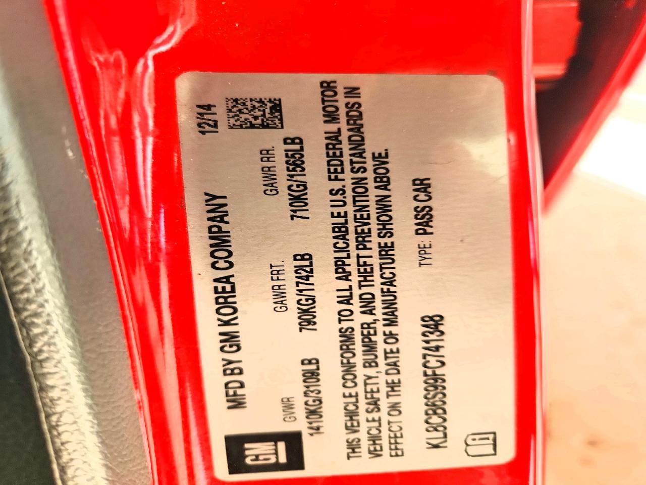 2015 Chevrolet Spark Ls Red vin: KL8CB6S99FC741348