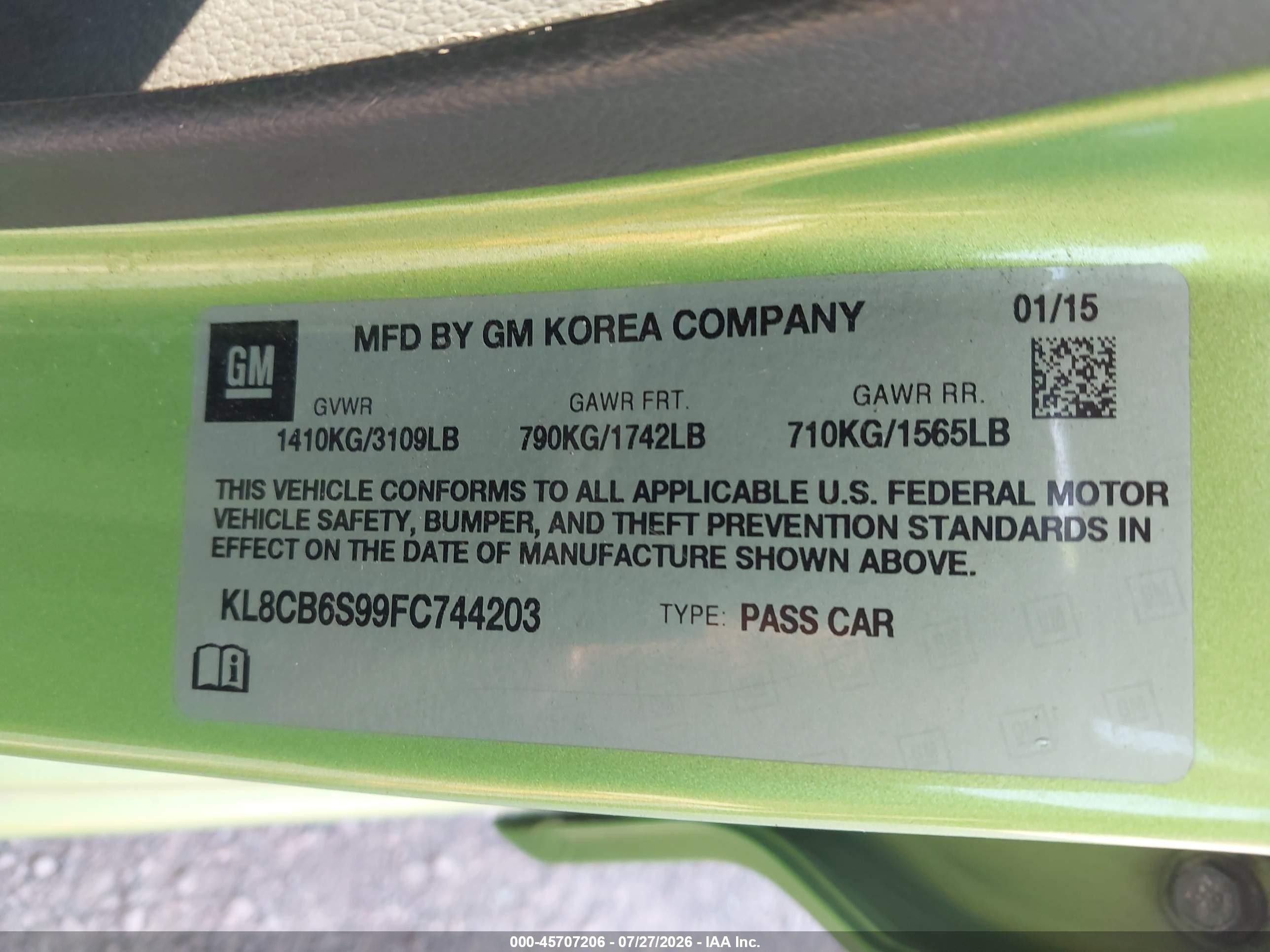 2015 Chevrolet Spark Ls Cvt Green vin: KL8CB6S99FC744203