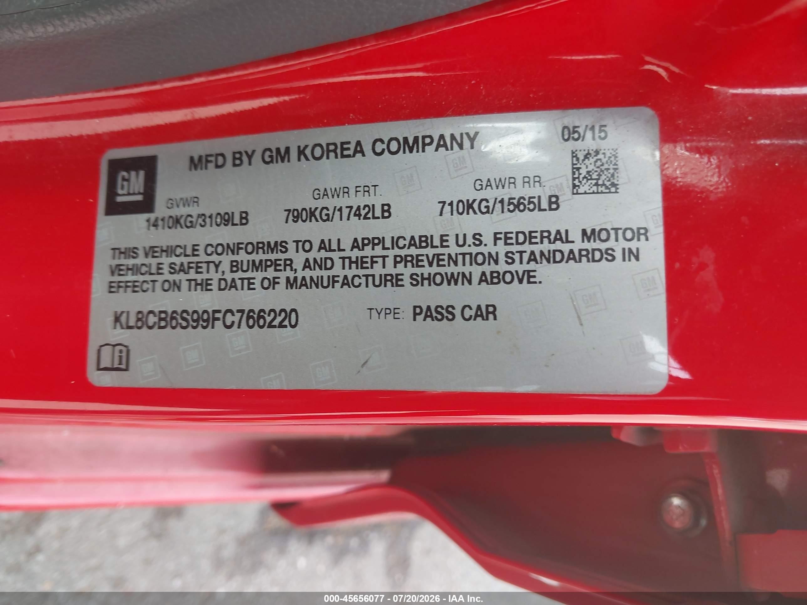 2015 Chevrolet Spark Ls Cvt Red vin: KL8CB6S99FC766220