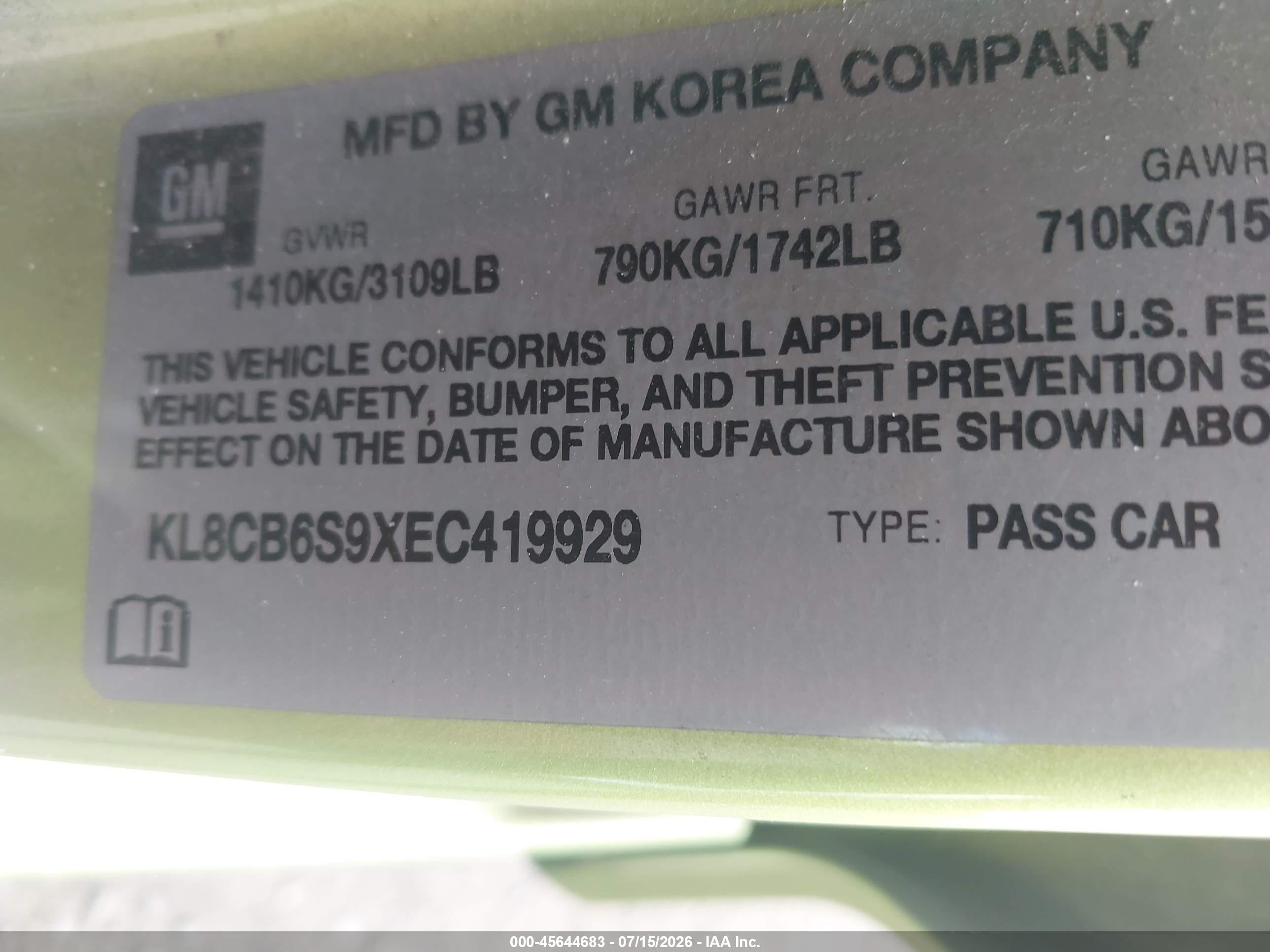 2014 Chevrolet Spark Ls Auto Green vin: KL8CB6S9XEC419929