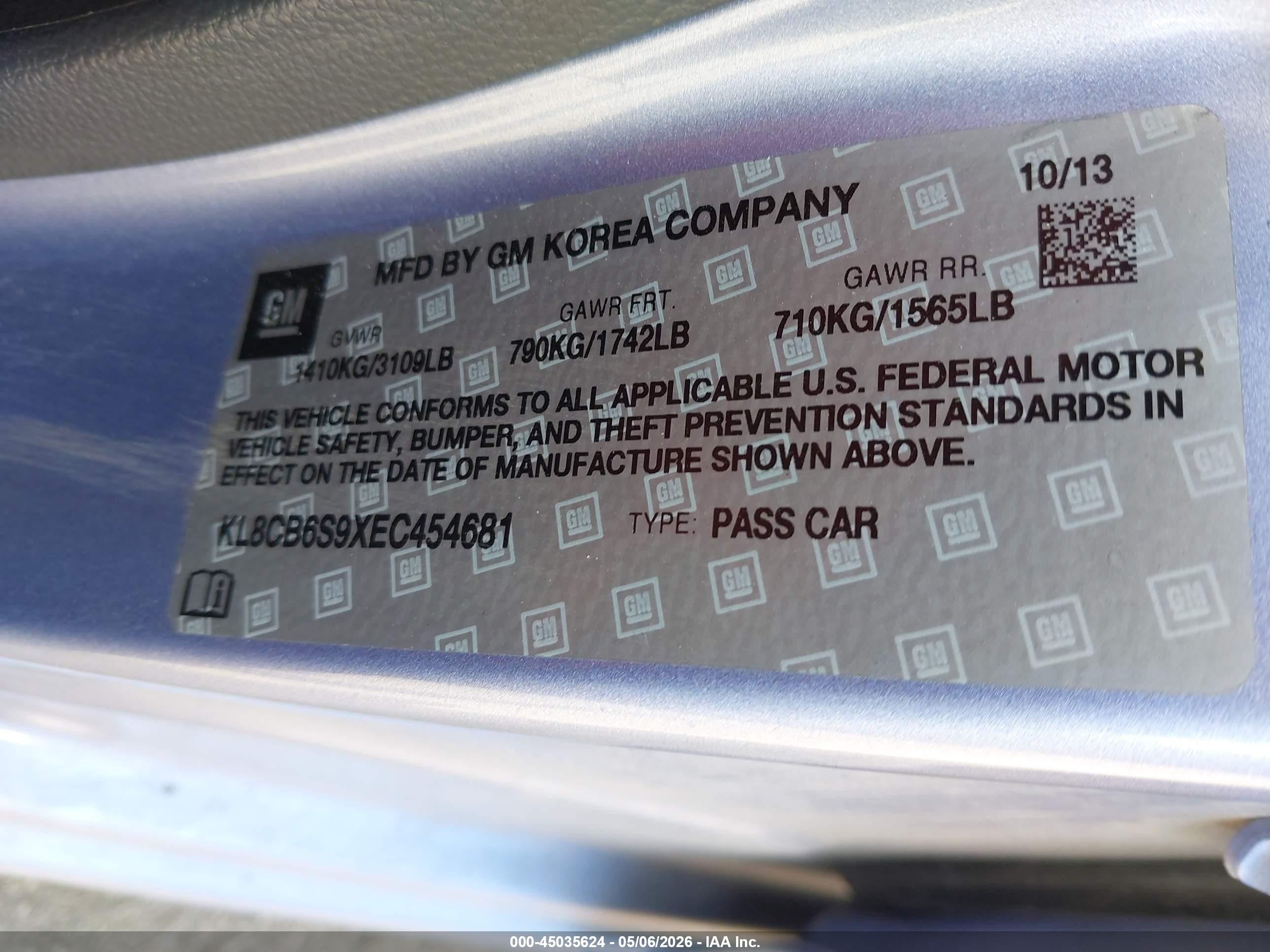 2014 Chevrolet Spark Ls Auto Light Blue vin: KL8CB6S9XEC454681