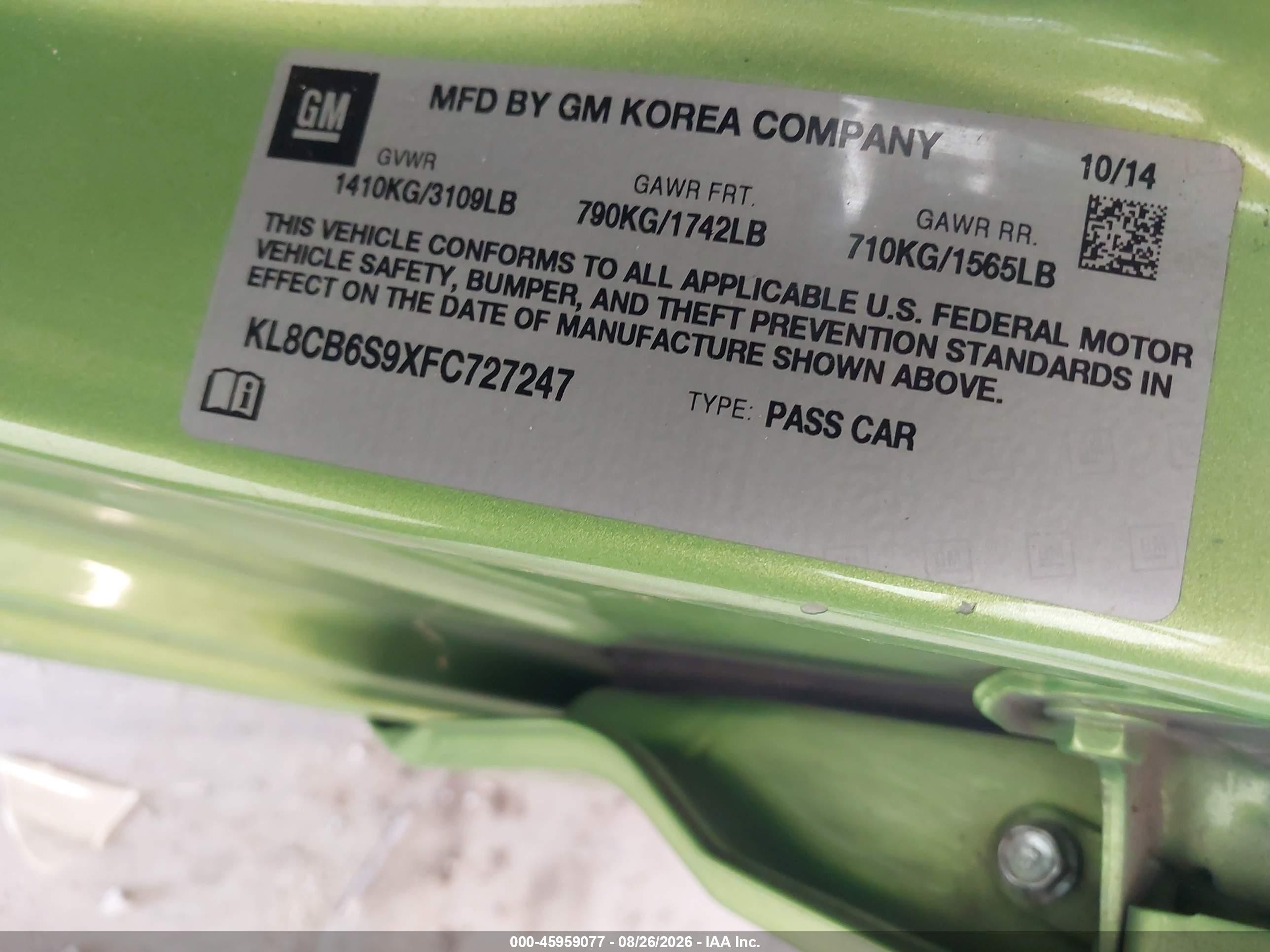2015 Chevrolet Spark Ls Cvt Green vin: KL8CB6S9XFC727247