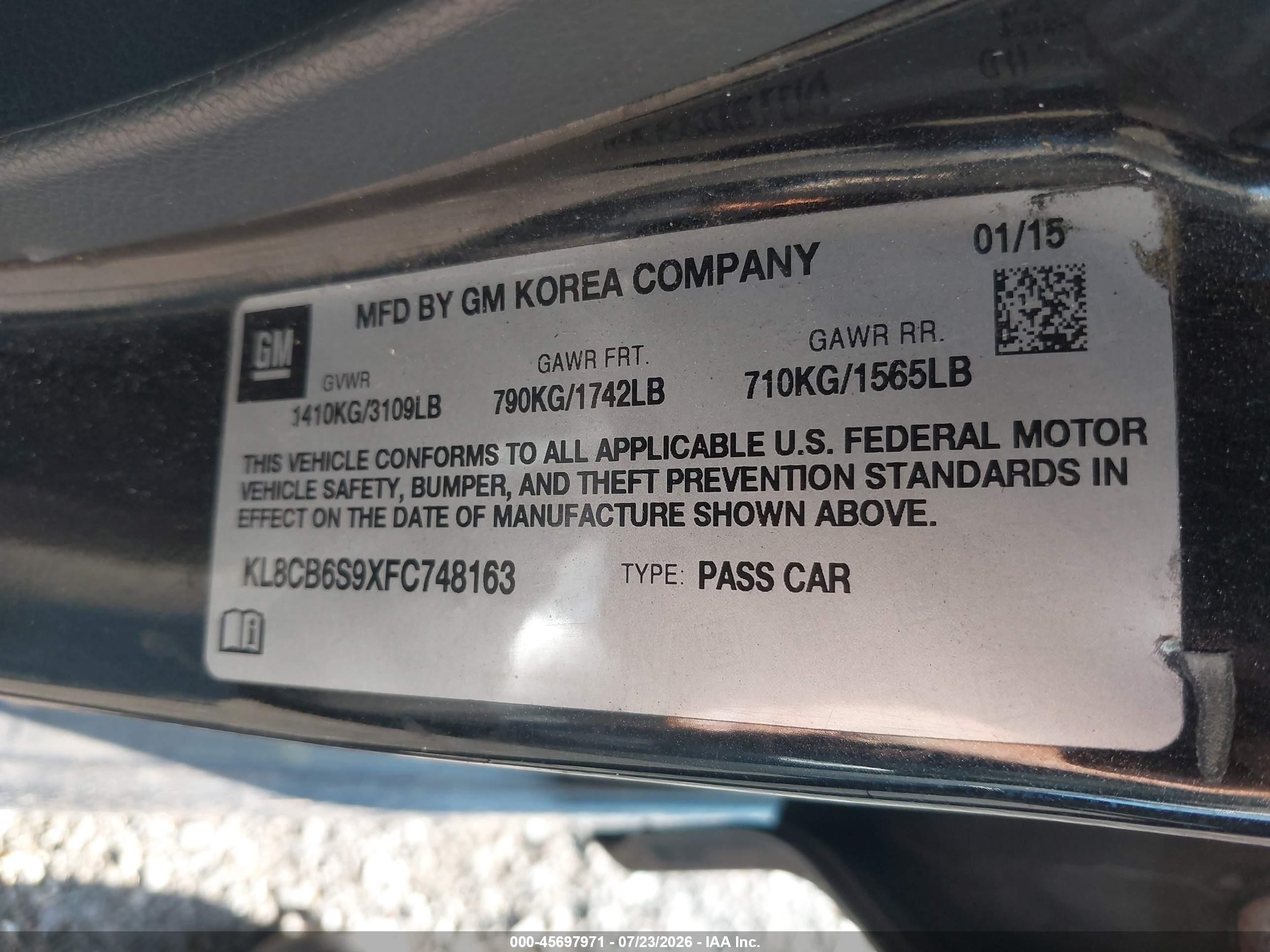 2015 Chevrolet Spark Ls Cvt Черный vin: KL8CB6S9XFC748163