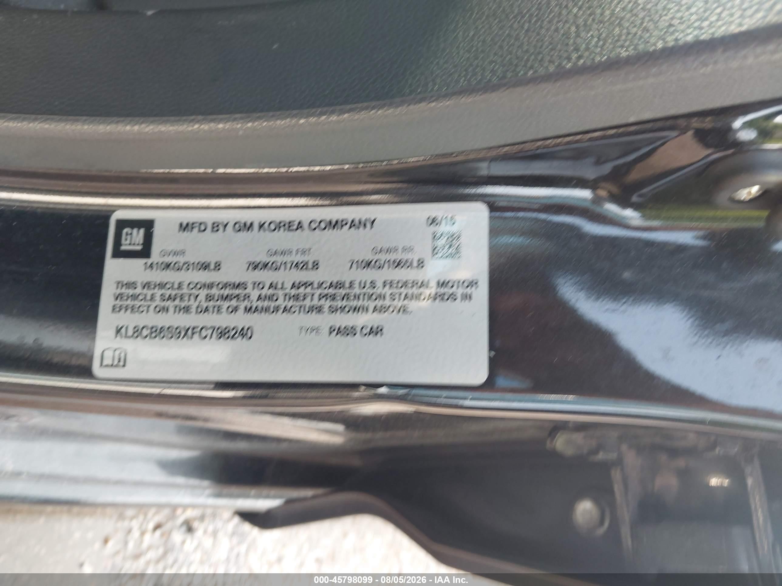 2015 Chevrolet Spark Ls Cvt Black vin: KL8CB6S9XFC798240