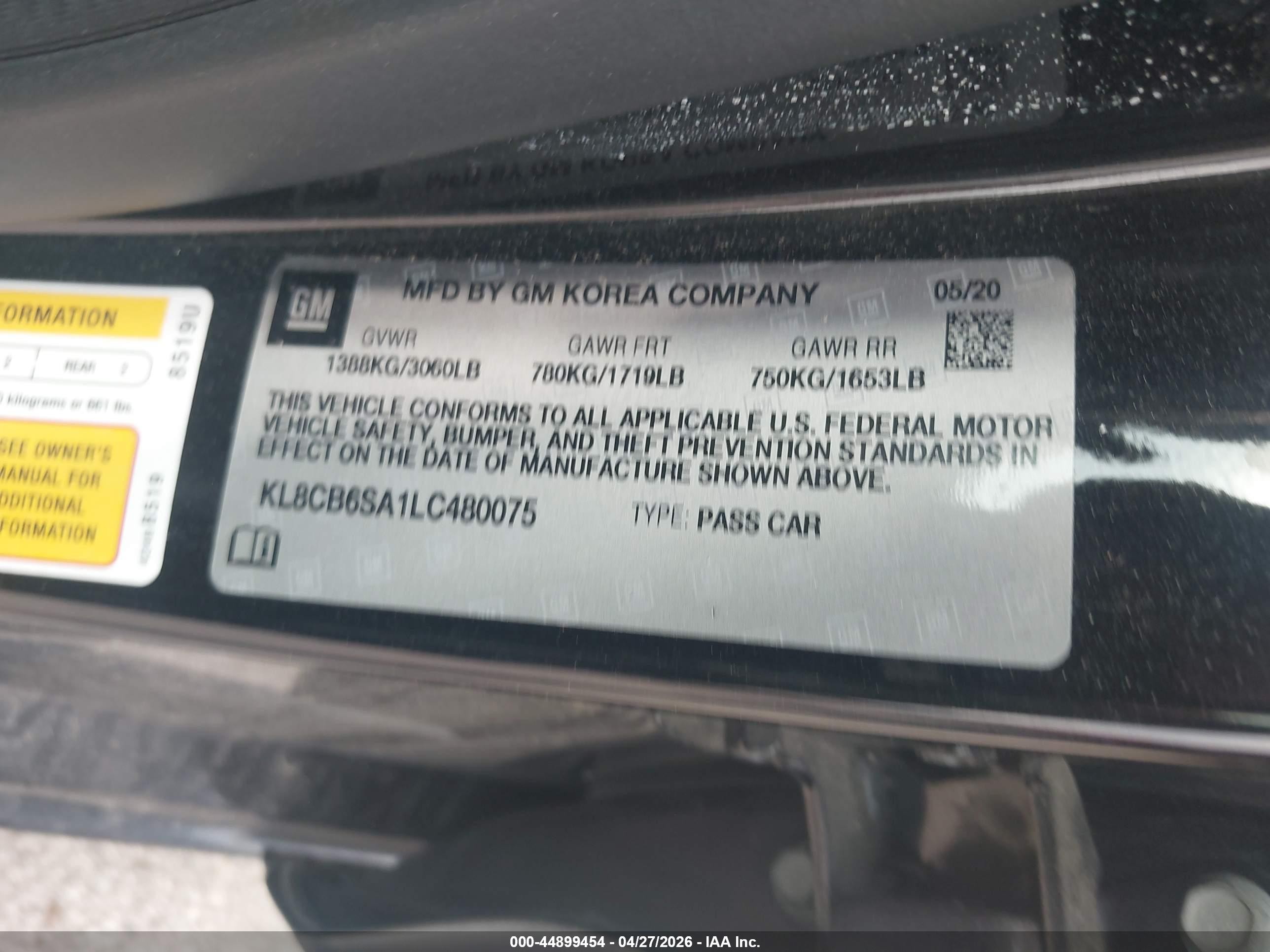 2020 Chevrolet Spark Fwd Ls Automatic Black vin: KL8CB6SA1LC480075