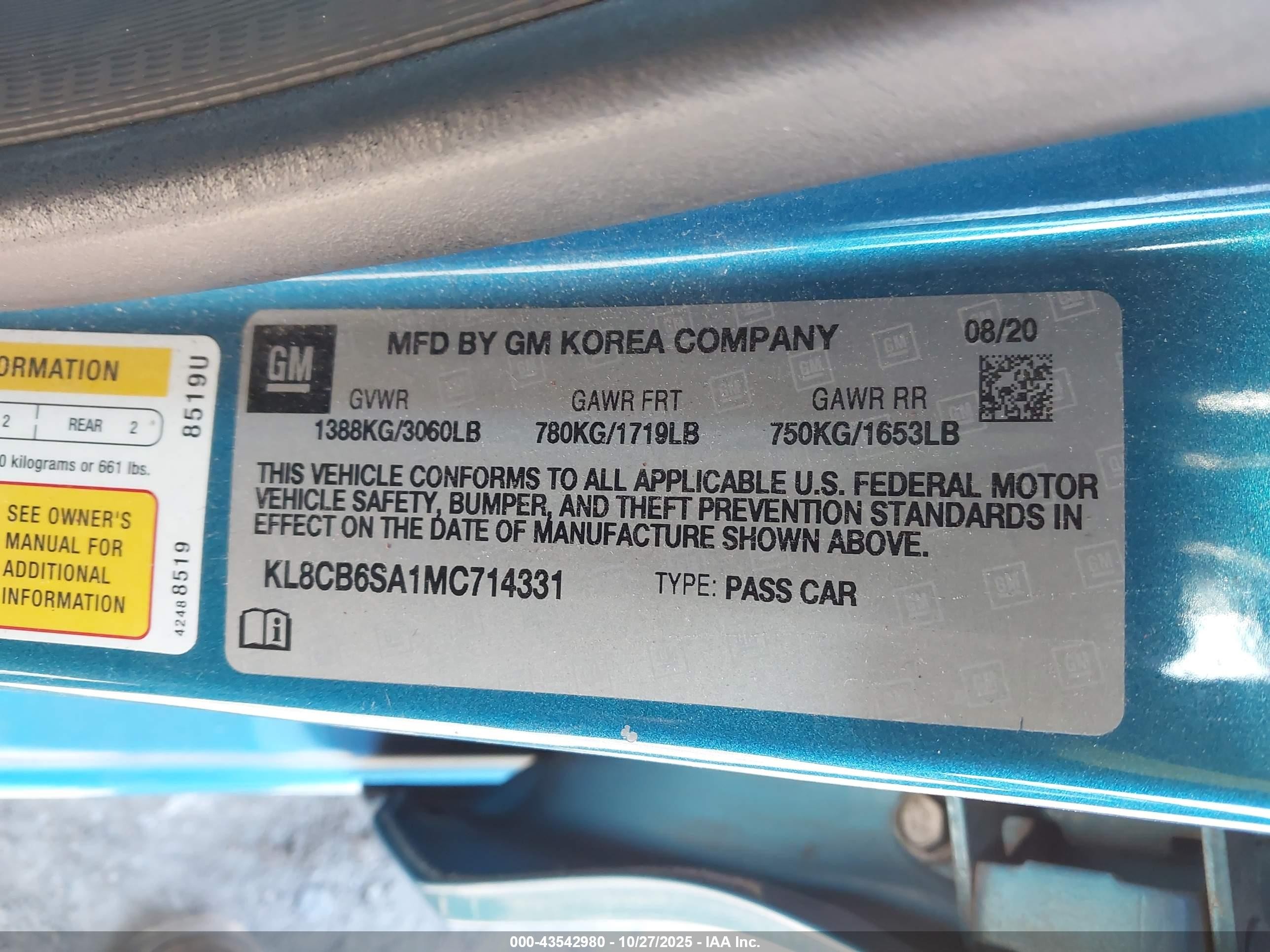 2021 Chevrolet Spark Fwd Ls Automatic Blue vin: KL8CB6SA1MC714331