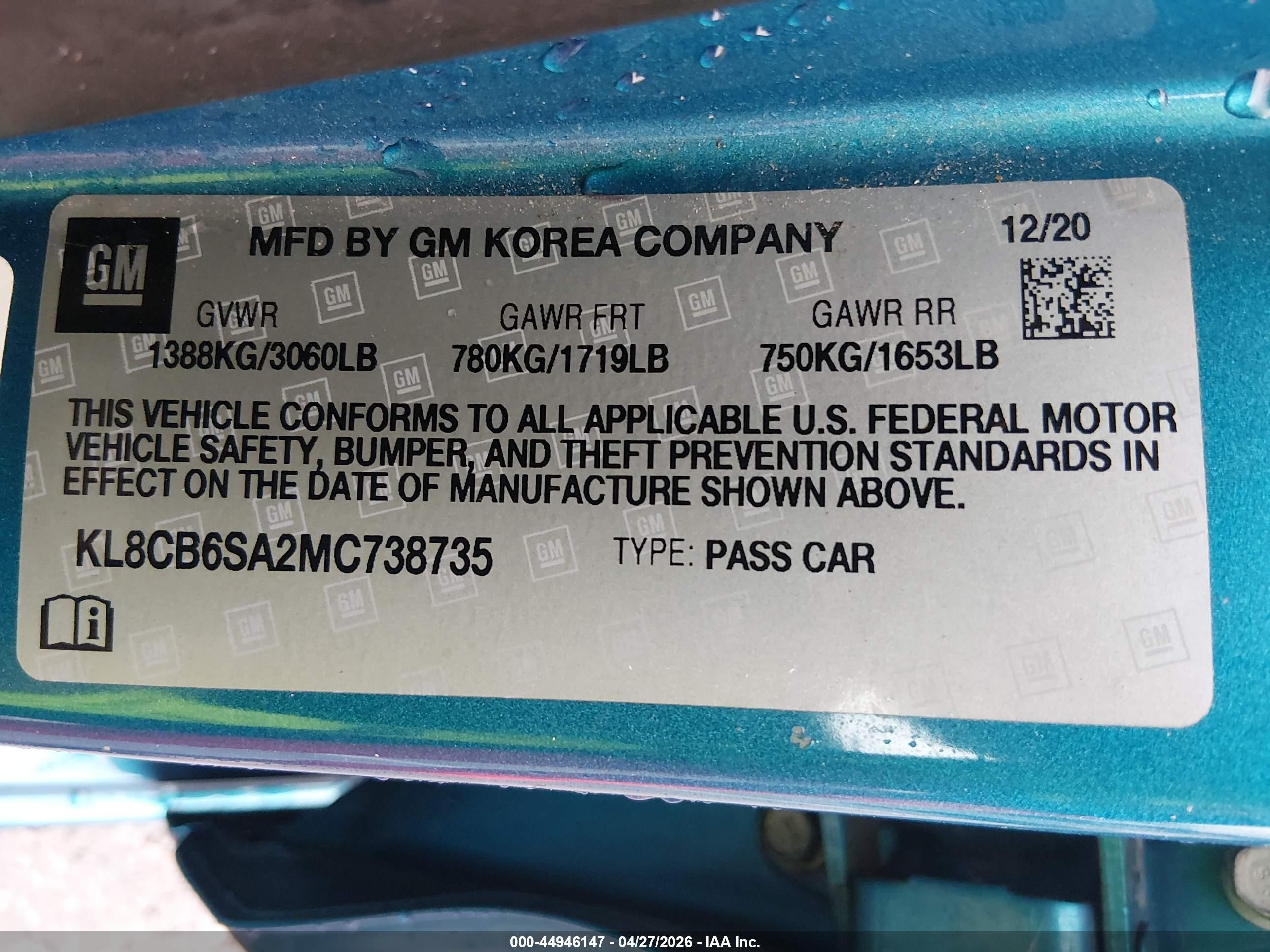 2021 Chevrolet Spark Fwd Ls Automatic Blue vin: KL8CB6SA2MC738735