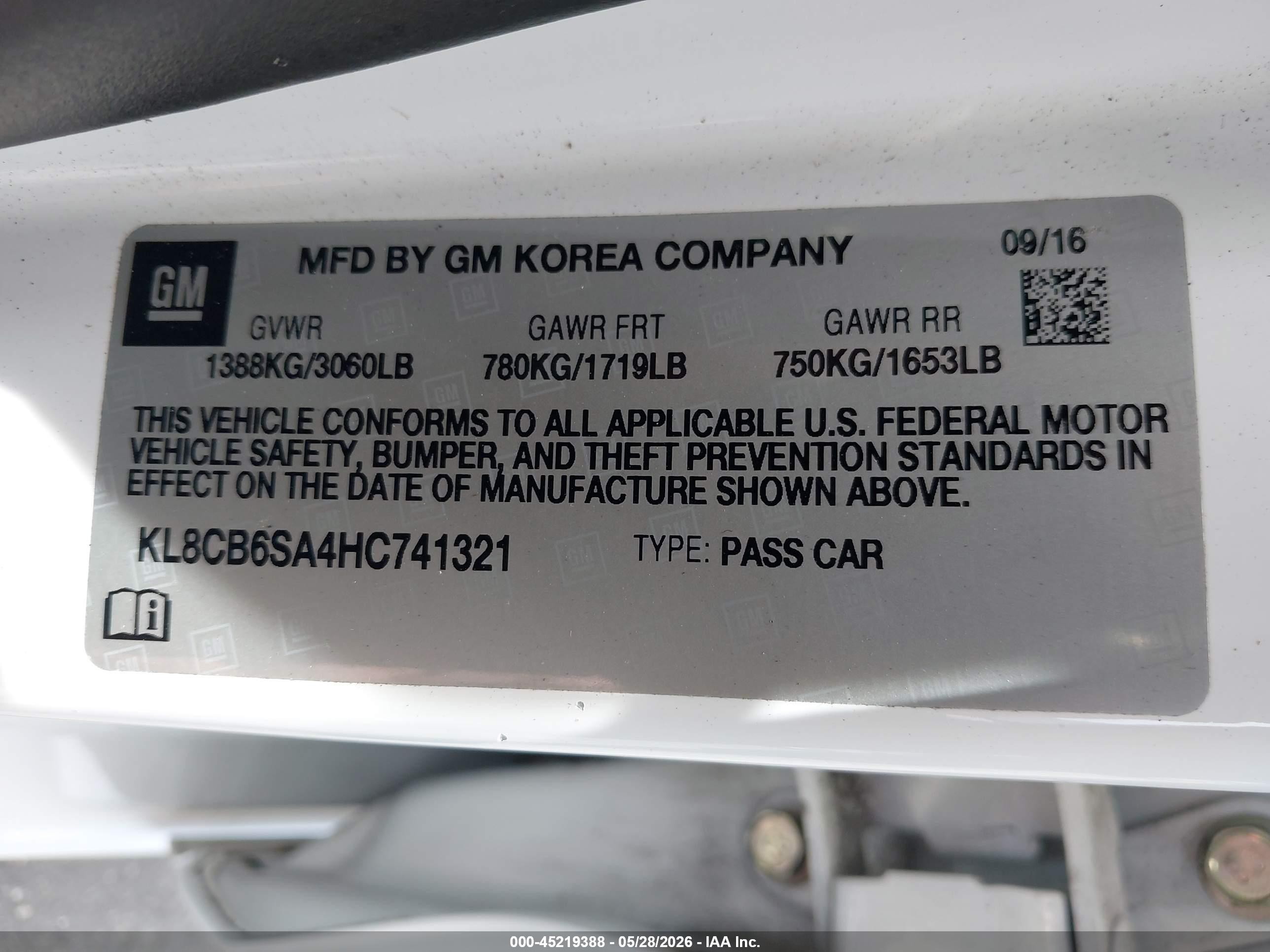 2017 Chevrolet Spark Ls Cvt White vin: KL8CB6SA4HC741321