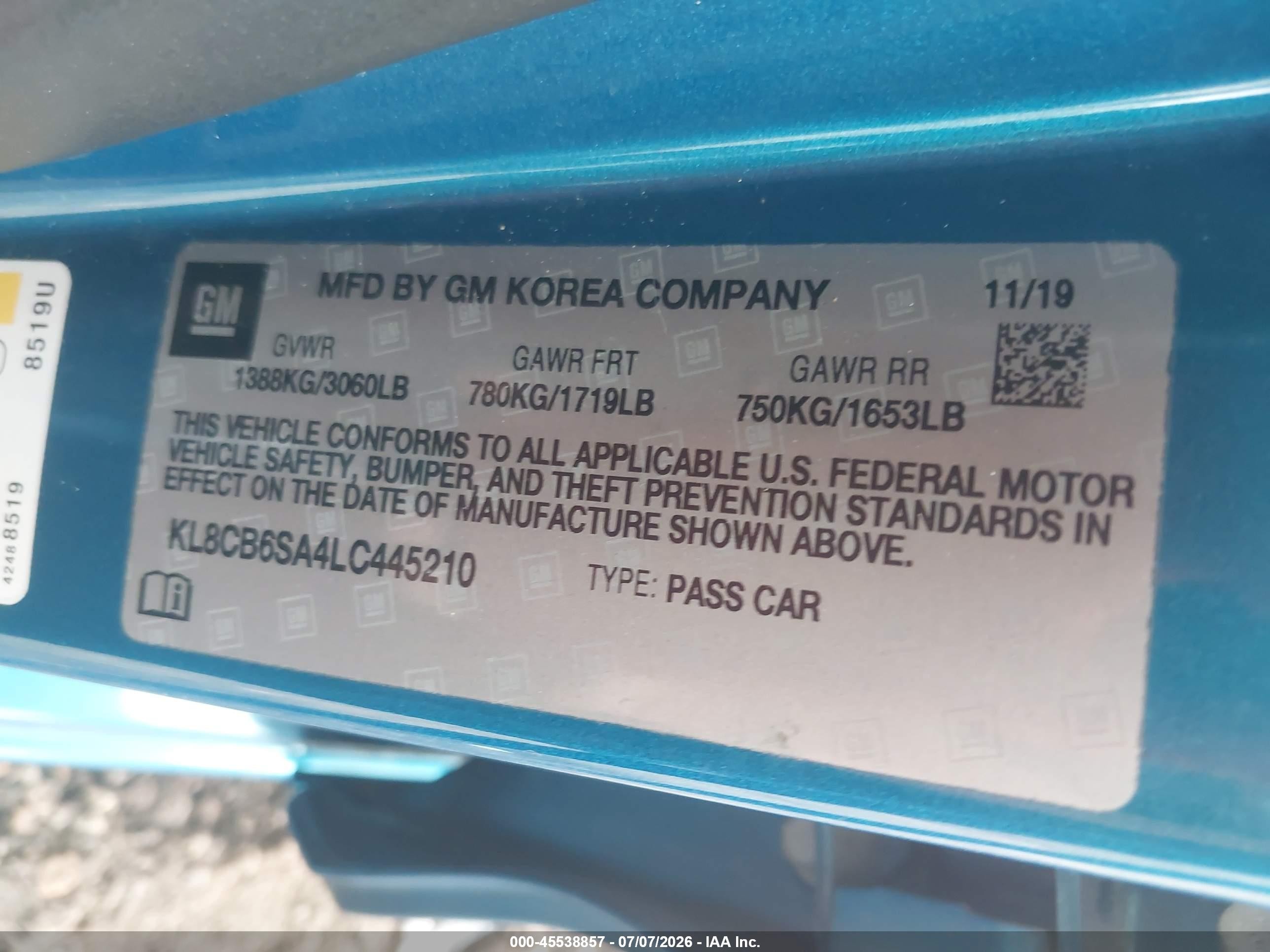 2020 Chevrolet Spark Fwd Ls Automatic Blue vin: KL8CB6SA4LC445210