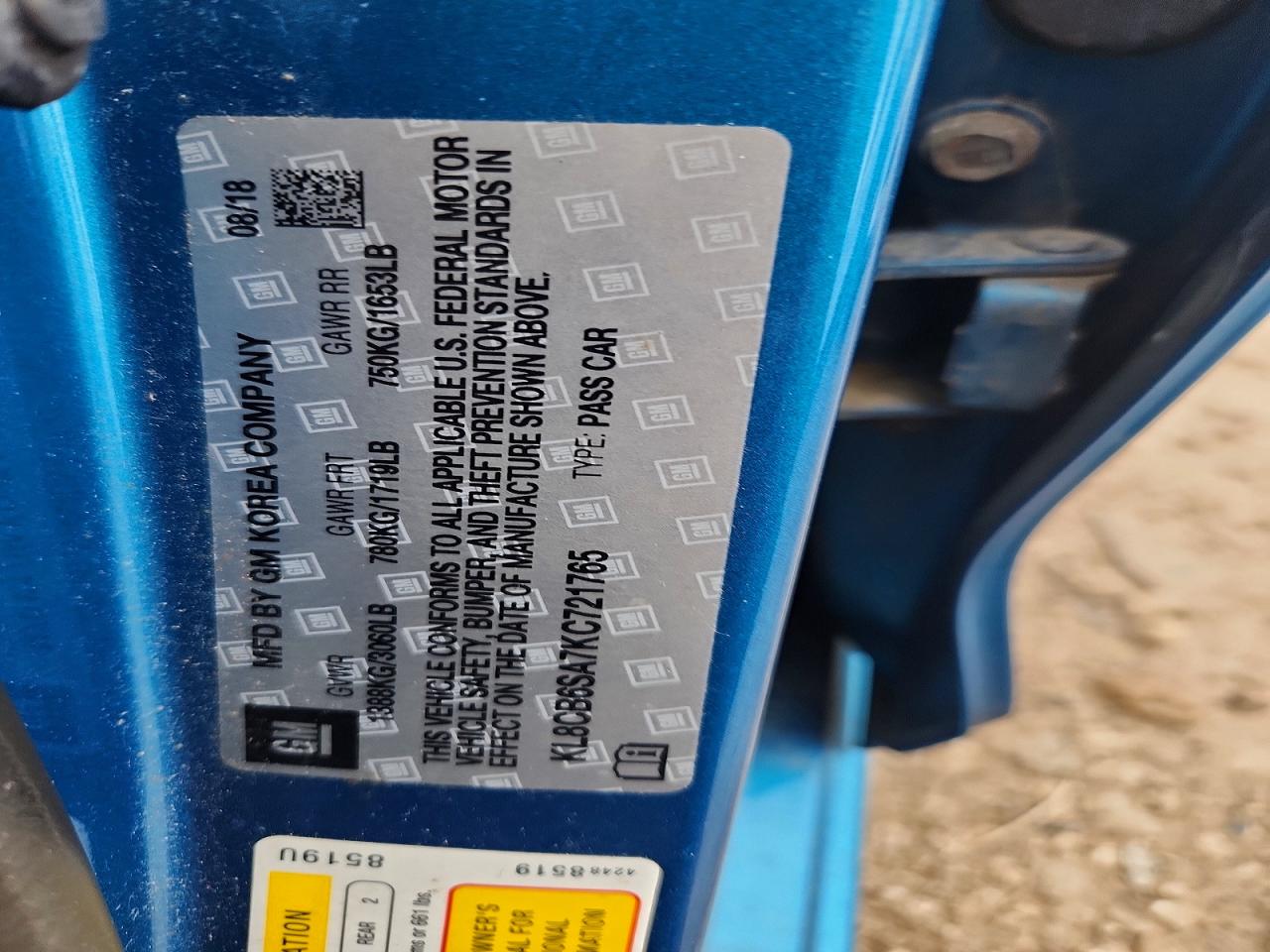 2019 Chevrolet Spark Ls Blue vin: KL8CB6SA7KC721765