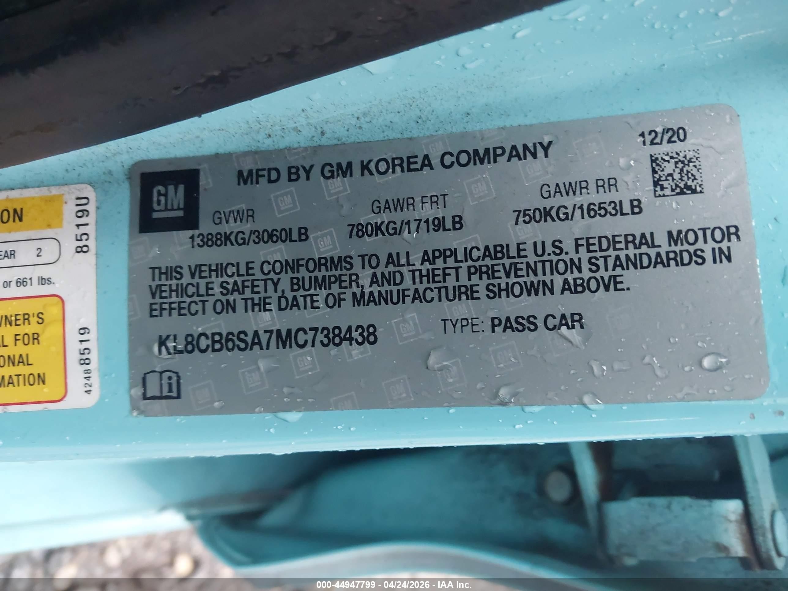 2021 Chevrolet Spark Fwd Ls Automatic Light Blue vin: KL8CB6SA7MC738438