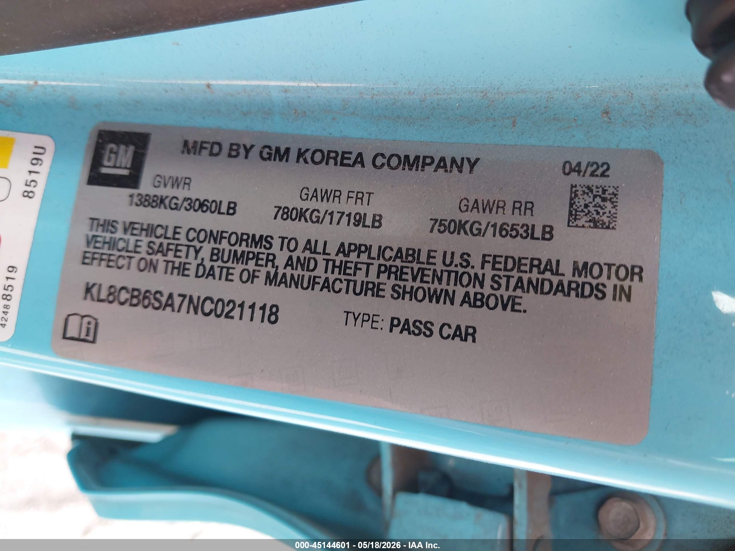 2022 Chevrolet Spark Fwd Ls Automatic Blue vin: KL8CB6SA7NC021118