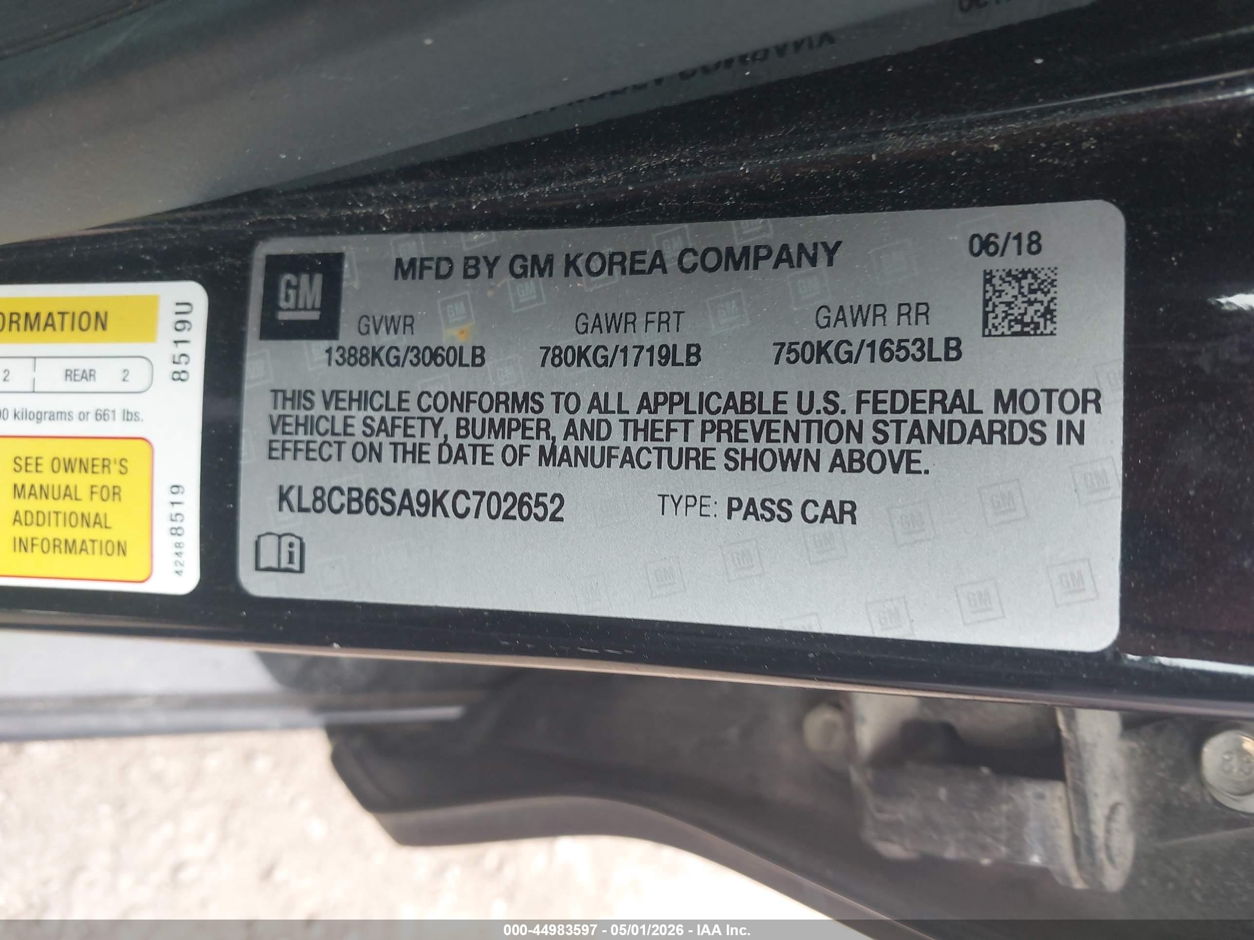 2019 Chevrolet Spark Ls Cvt Black vin: KL8CB6SA9KC702652