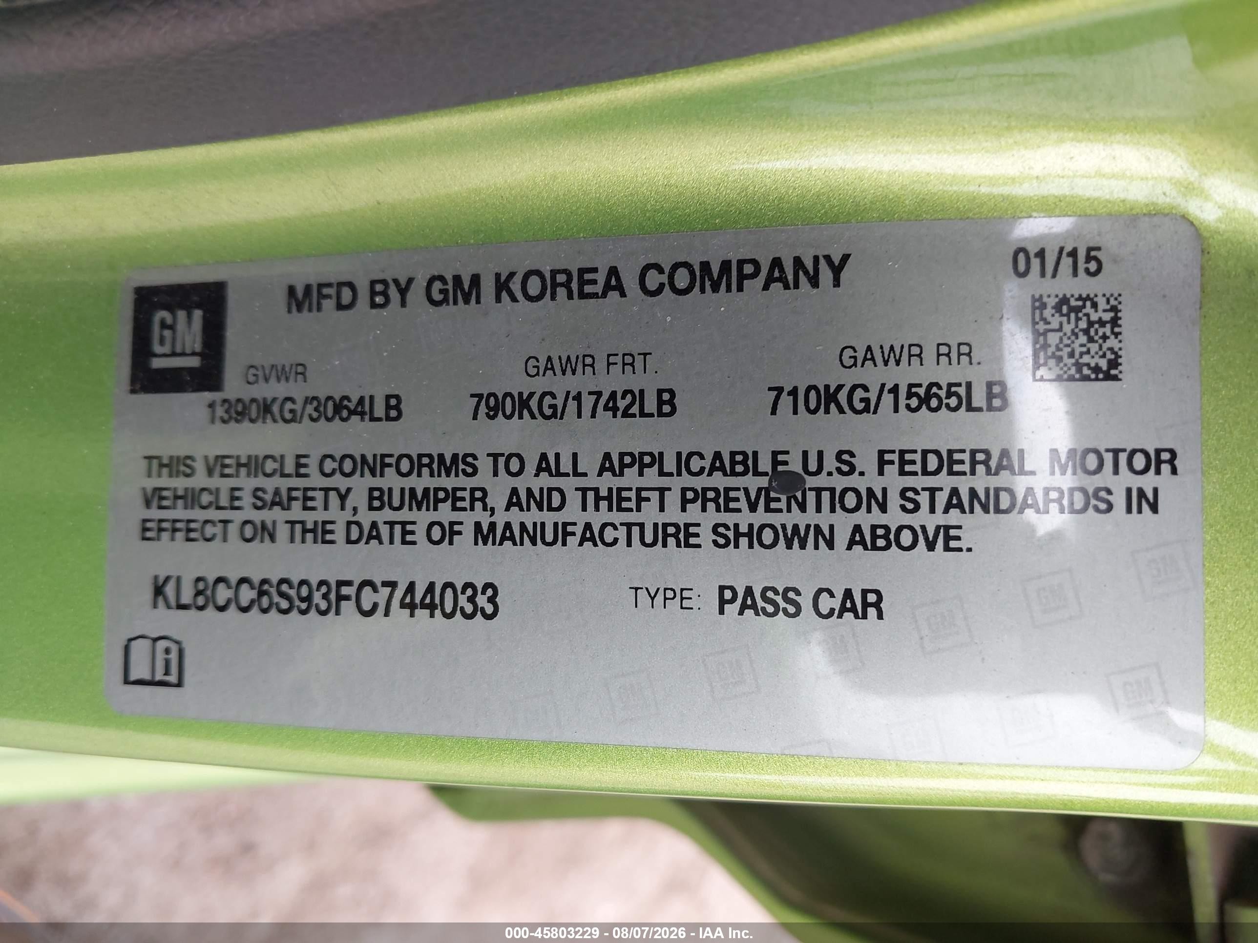 2015 Chevrolet Spark 1lt Manual Green vin: KL8CC6S93FC744033
