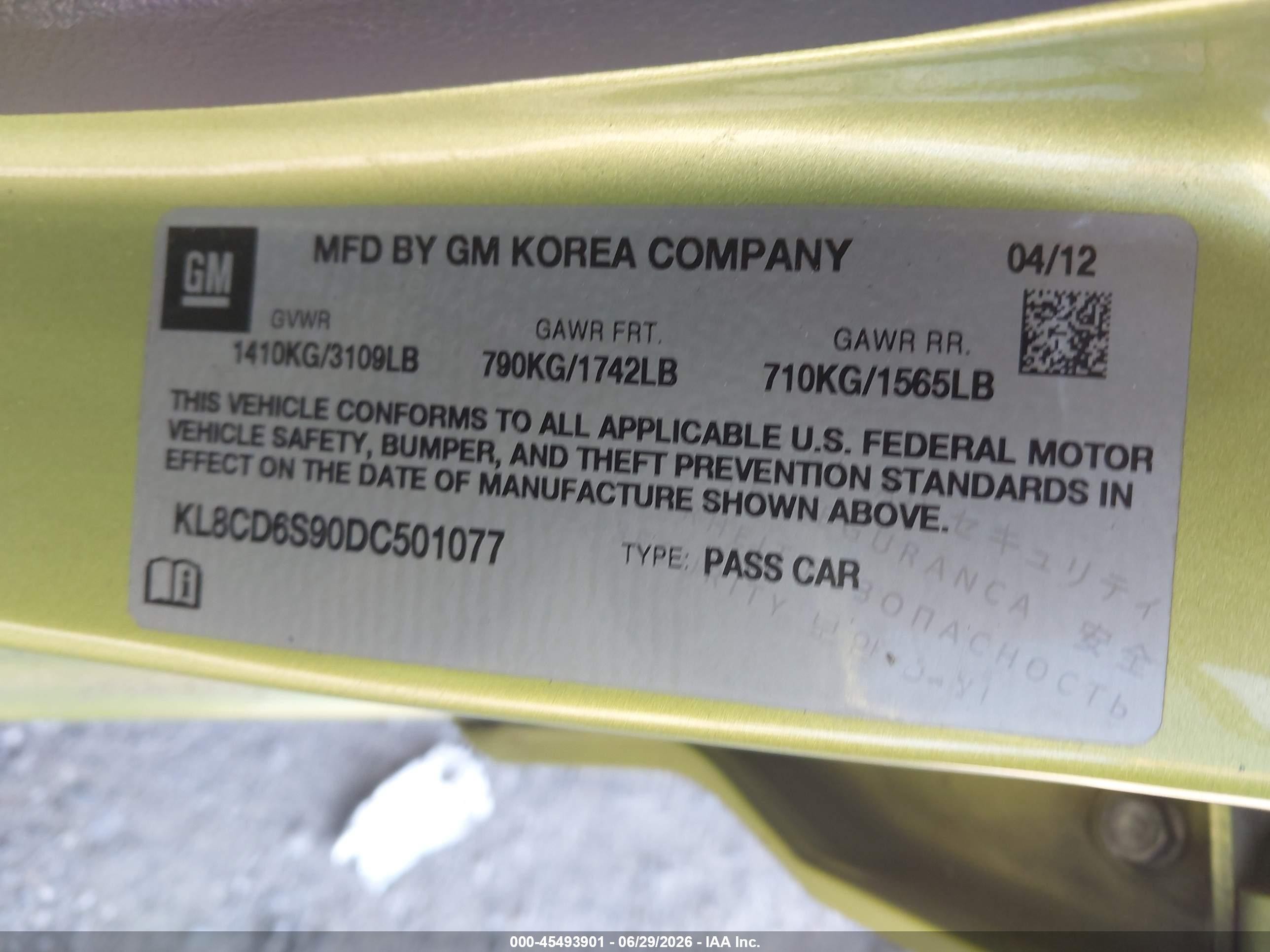 2013 Chevrolet Spark 1lt Auto Зеленый vin: KL8CD6S90DC501077