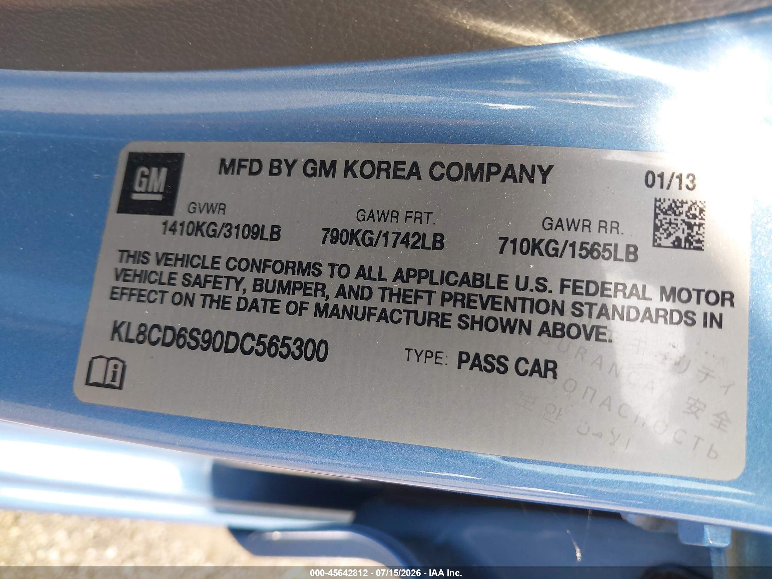 2013 Chevrolet Spark 1lt Auto Light Blue vin: KL8CD6S90DC565300