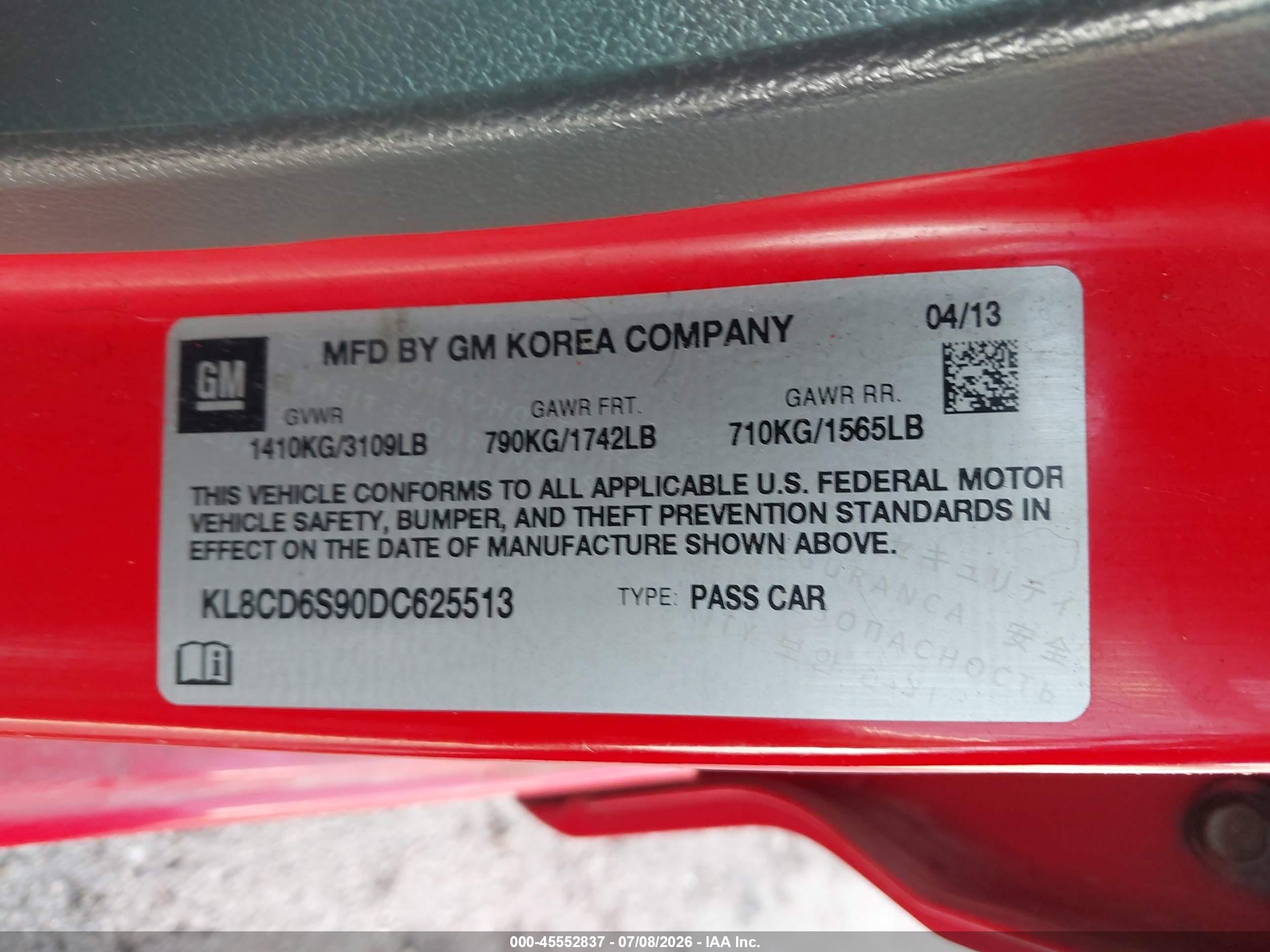 2013 Chevrolet Spark 1lt Auto Red vin: KL8CD6S90DC625513
