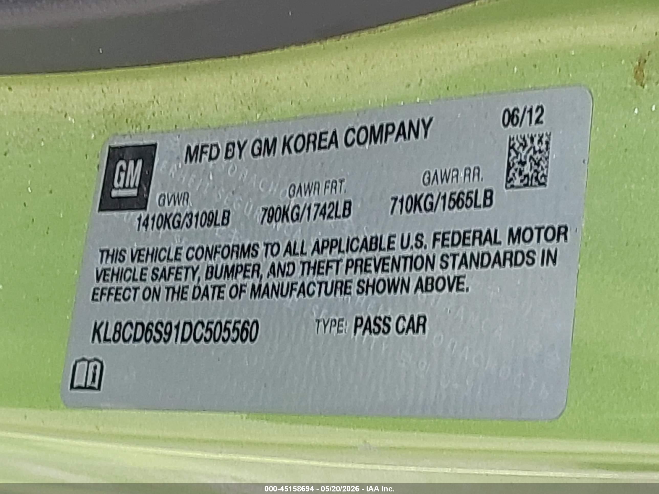 2013 Chevrolet Spark 1lt Auto Green vin: KL8CD6S91DC505560