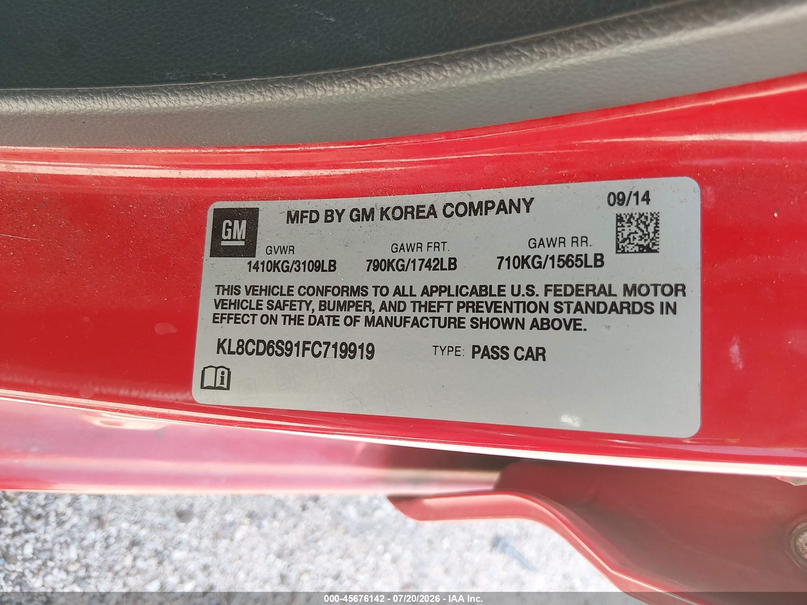 2015 Chevrolet Spark 1lt Cvt Red vin: KL8CD6S91FC719919