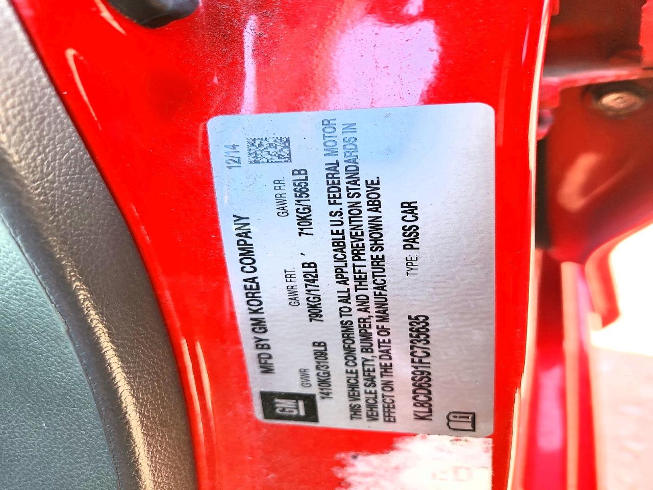 2015 Chevrolet Spark 1lt Red vin: KL8CD6S91FC735635
