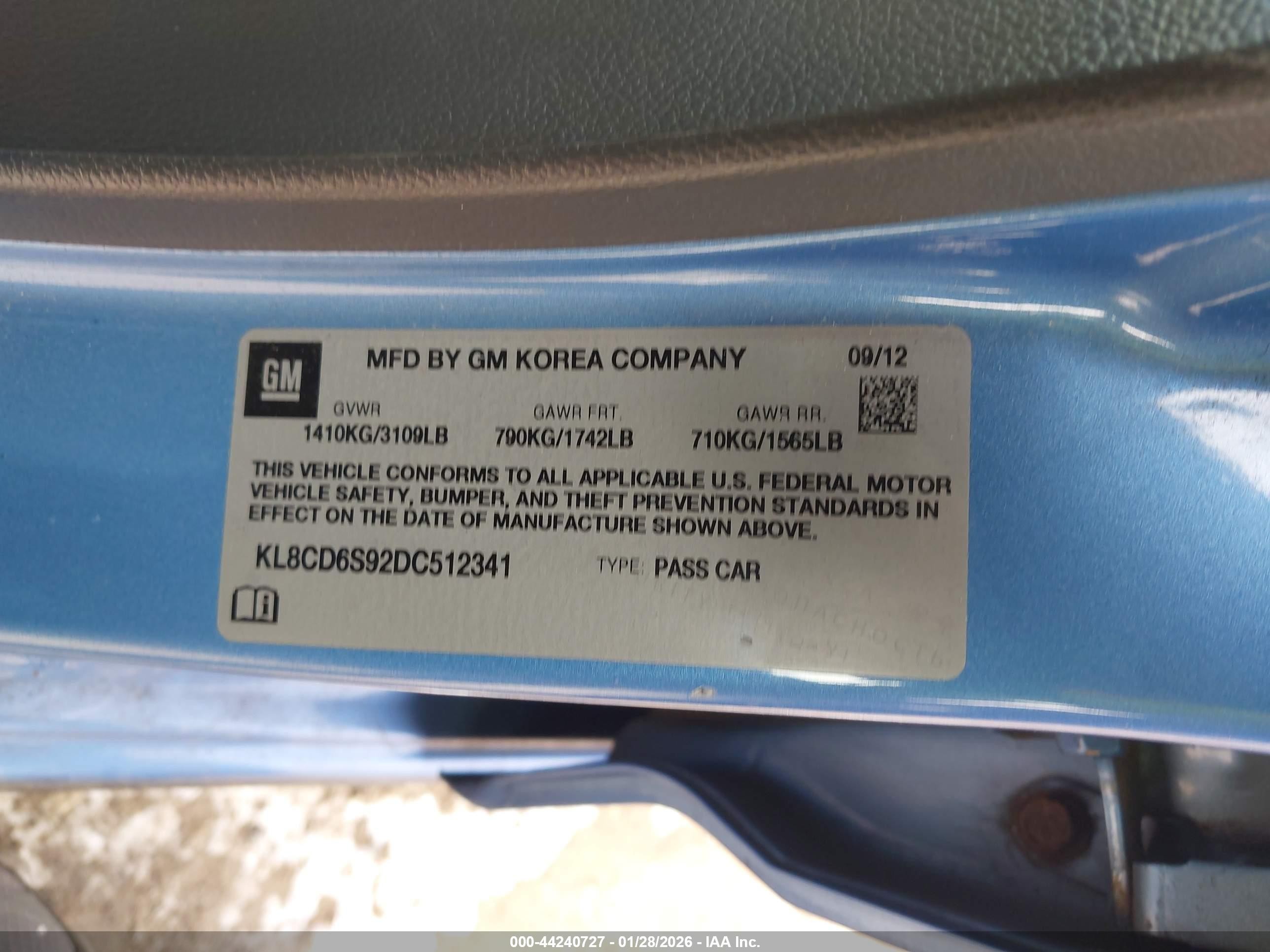 2013 Chevrolet Spark 1lt Auto Синий vin: KL8CD6S92DC512341