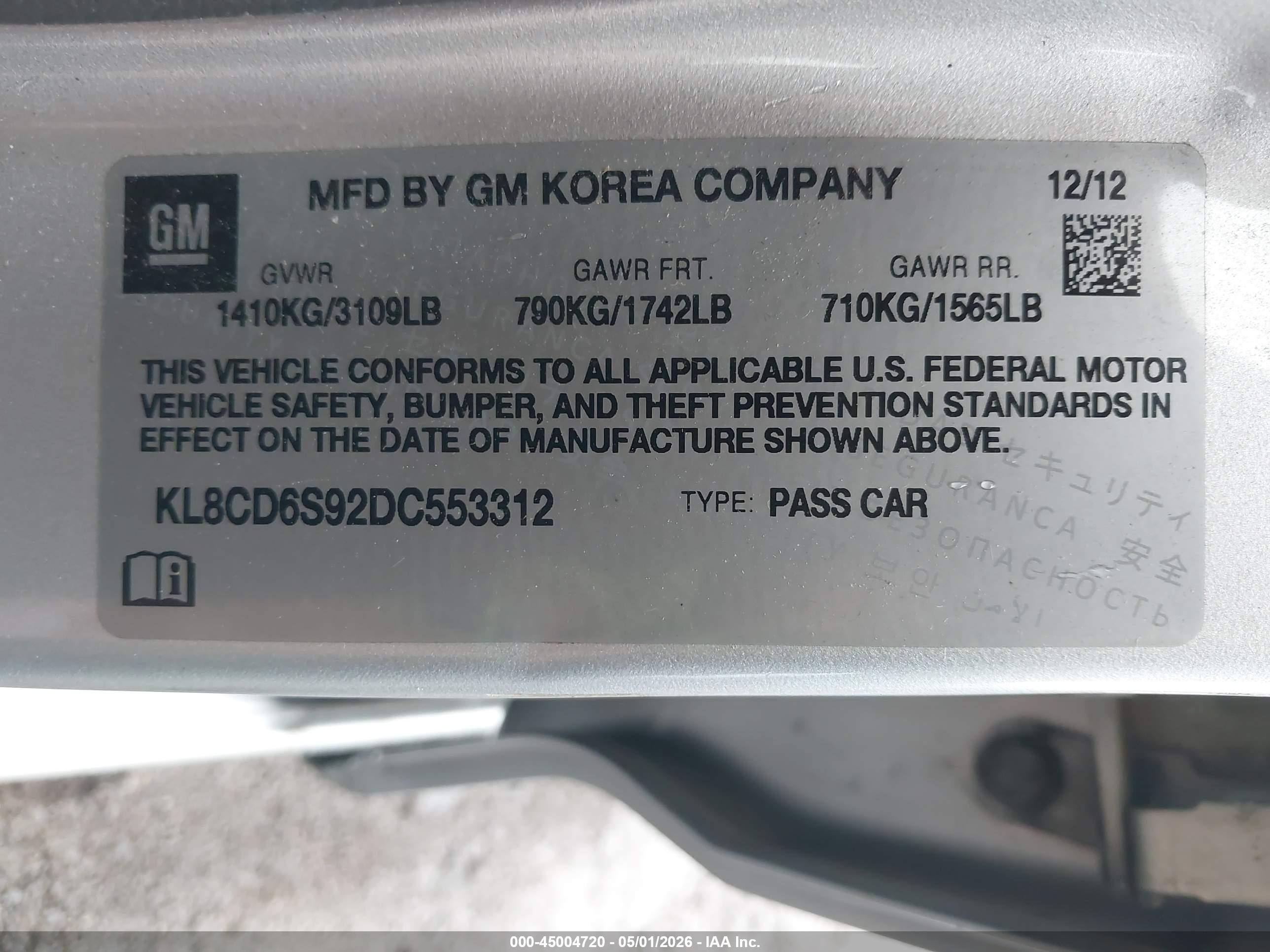 2013 Chevrolet Spark 1lt Auto Silver vin: KL8CD6S92DC553312