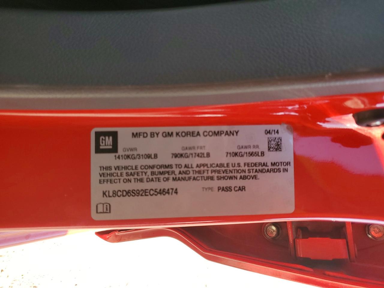 2014 Chevrolet Spark 1lt Red vin: KL8CD6S92EC546474
