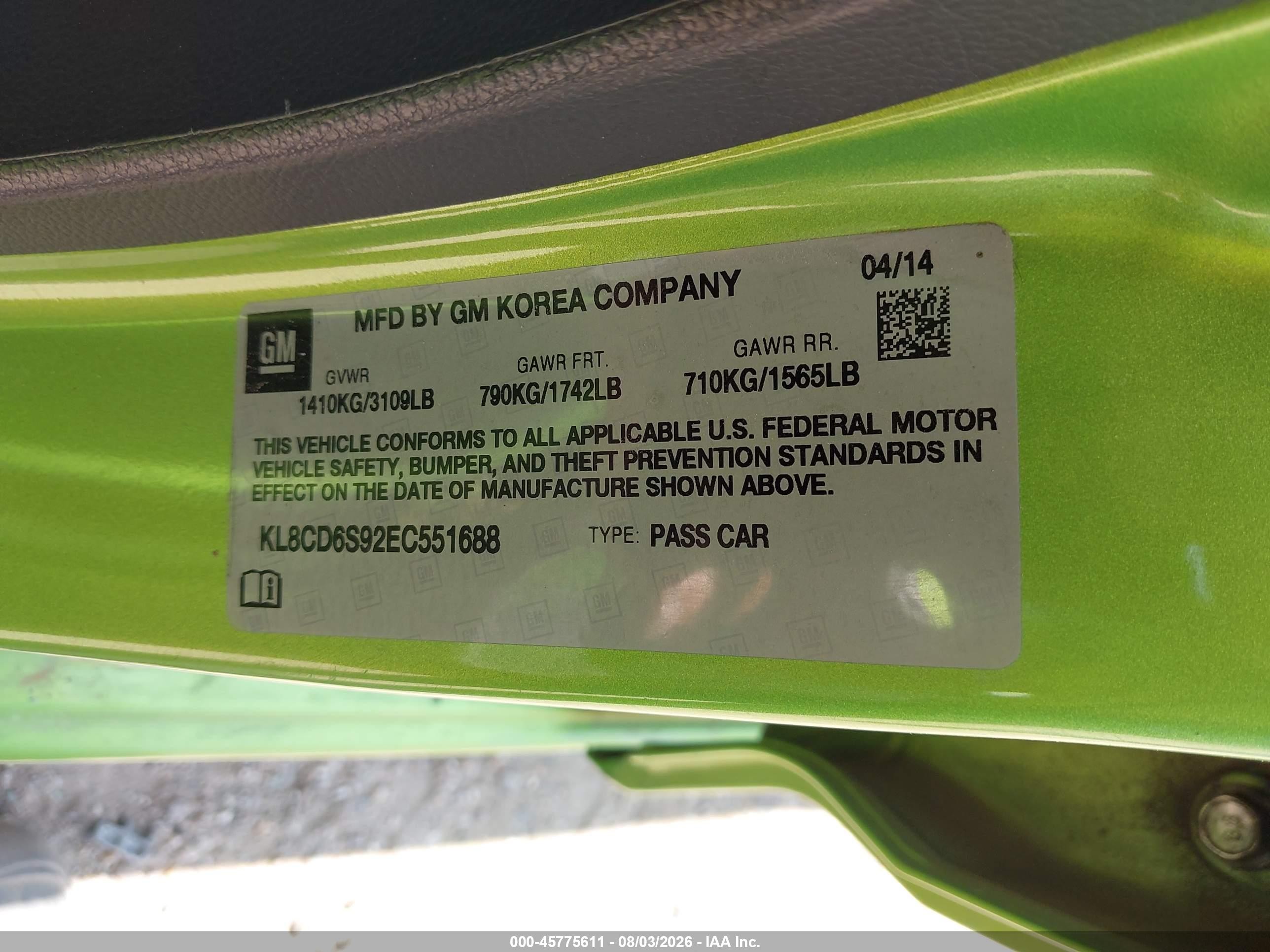 2014 Chevrolet Spark 1lt Auto Green vin: KL8CD6S92EC551688
