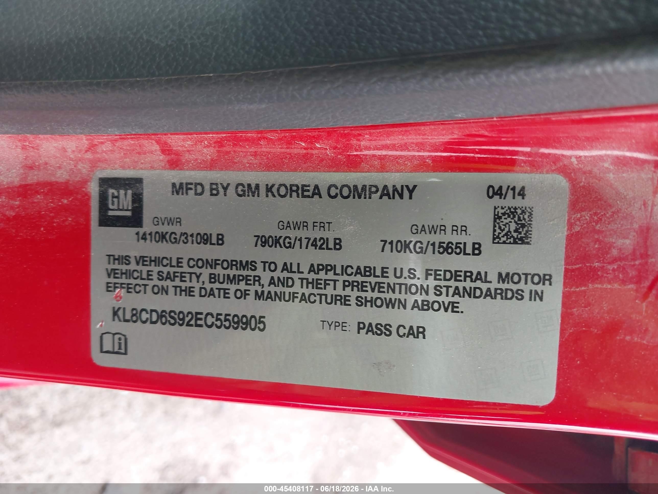 2014 Chevrolet Spark 1lt Auto Red vin: KL8CD6S92EC559905
