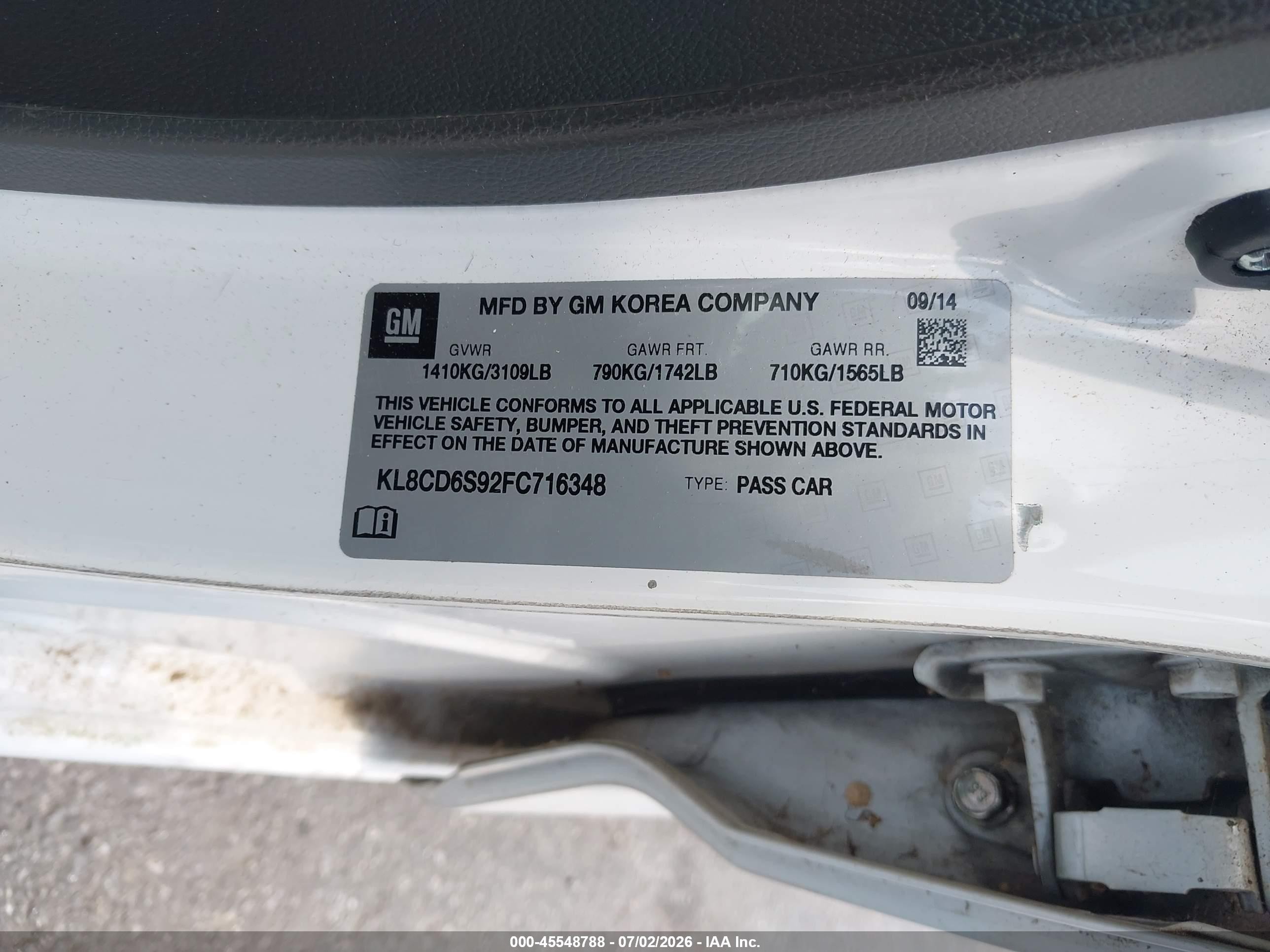 2015 Chevrolet Spark 1lt Cvt White vin: KL8CD6S92FC716348