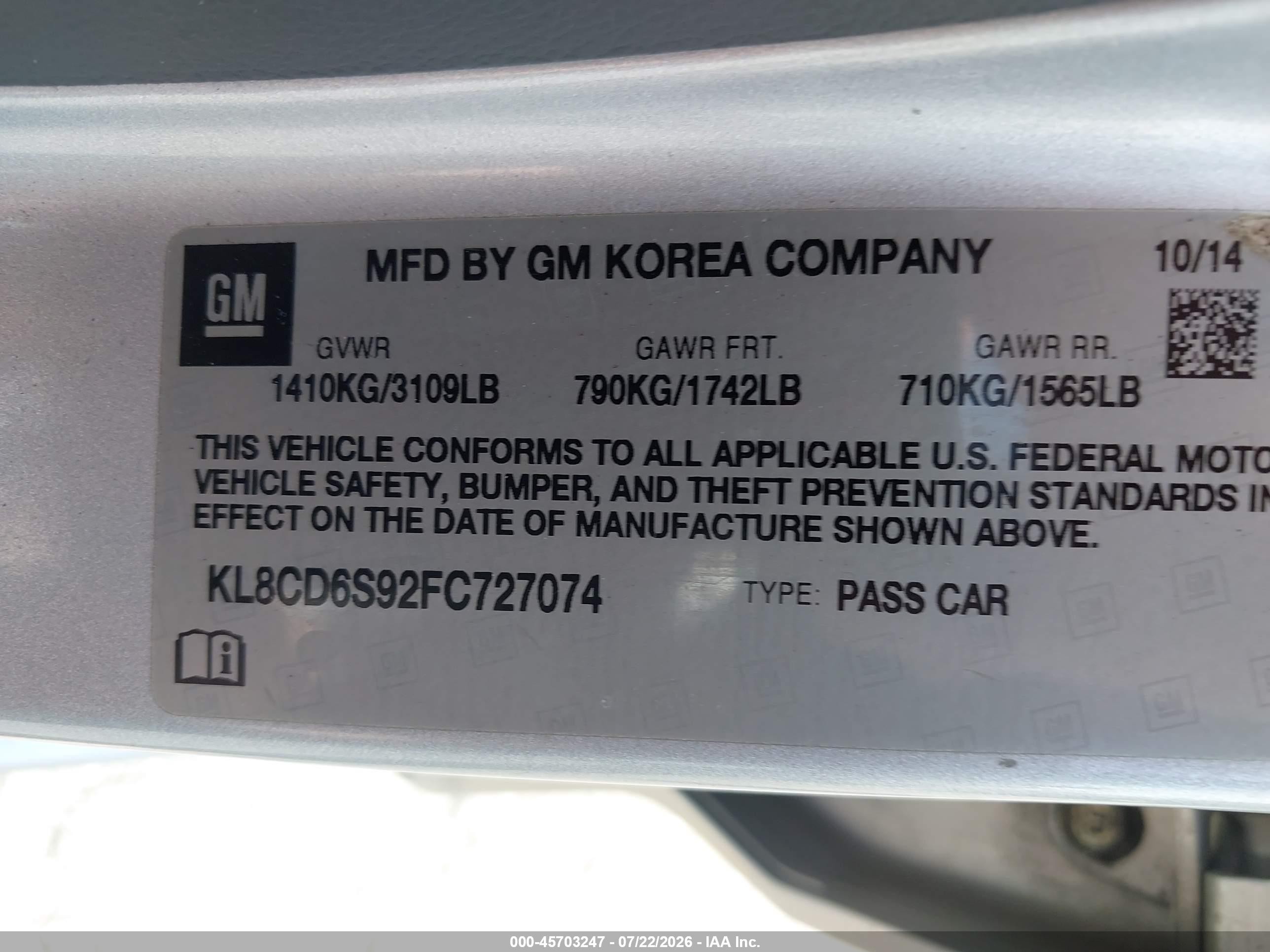 2015 Chevrolet Spark 1lt Cvt Silver vin: KL8CD6S92FC727074