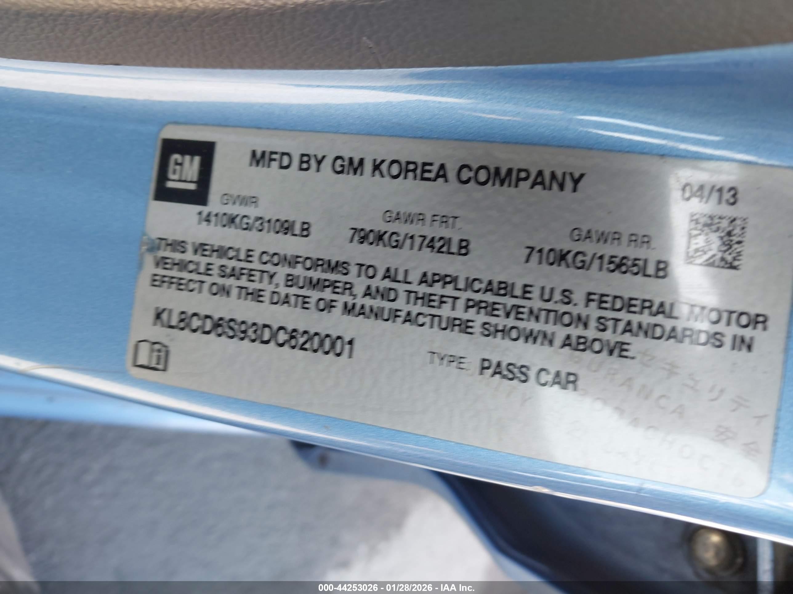 2013 Chevrolet Spark 1lt Auto Blue vin: KL8CD6S93DC620001
