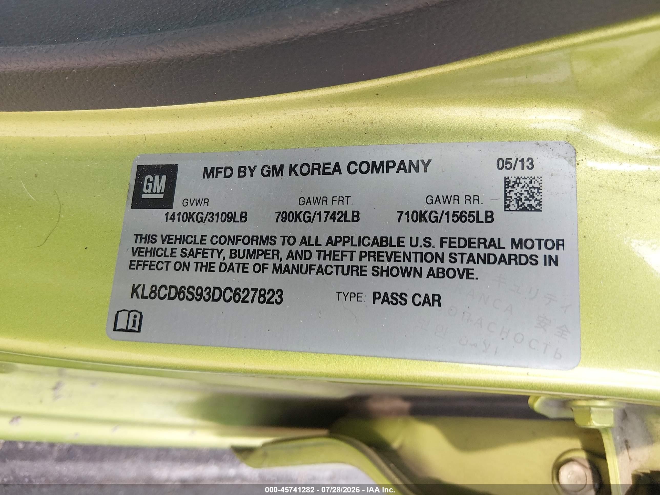 2013 Chevrolet Spark 1lt Auto Green vin: KL8CD6S93DC627823