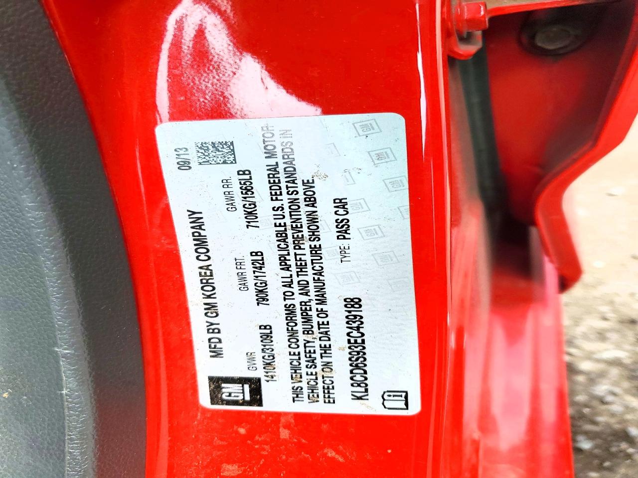 2014 Chevrolet Spark 1lt Red vin: KL8CD6S93EC439188