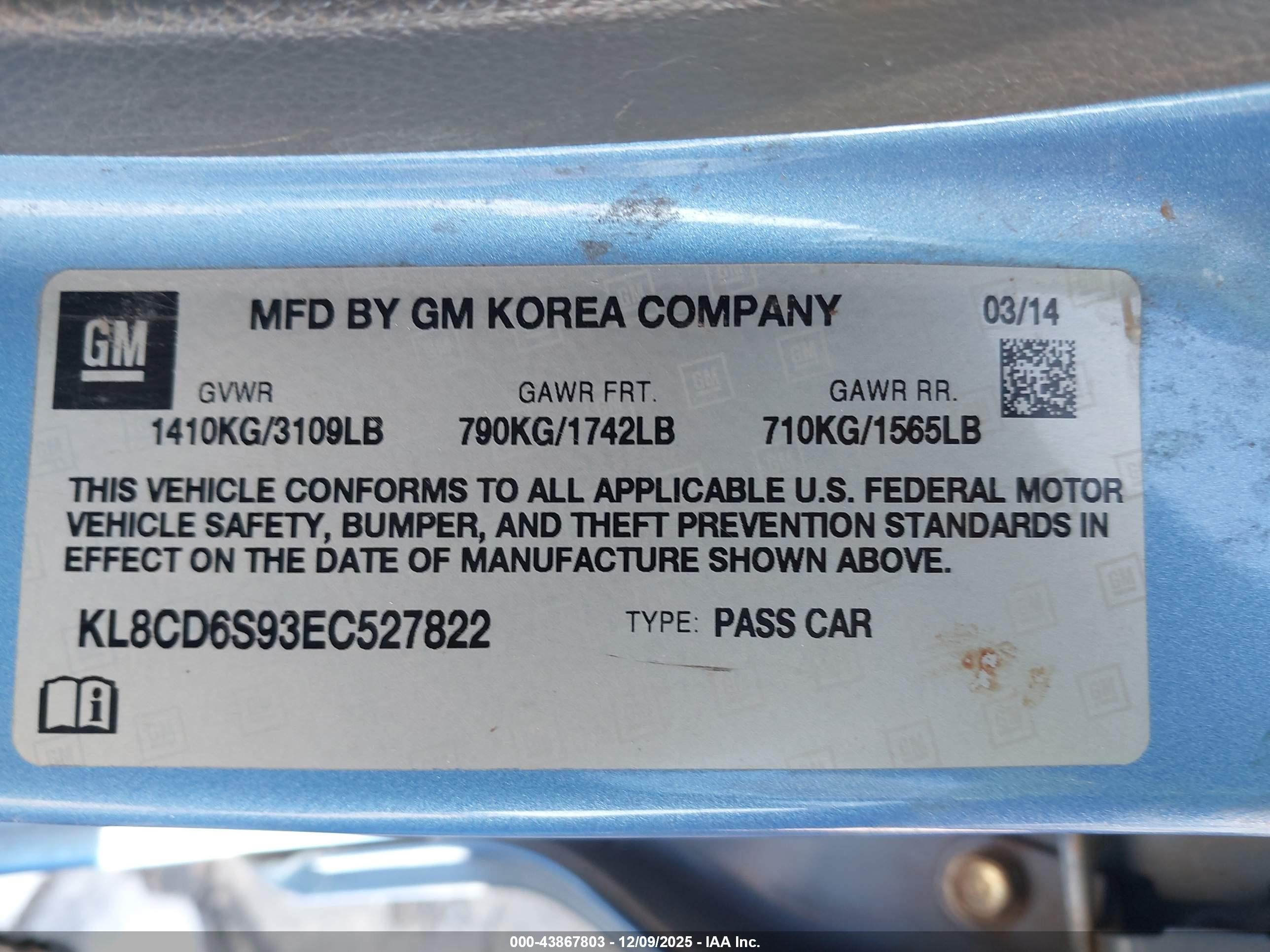 2014 Chevrolet Spark 1lt Auto Blue vin: KL8CD6S93EC527822