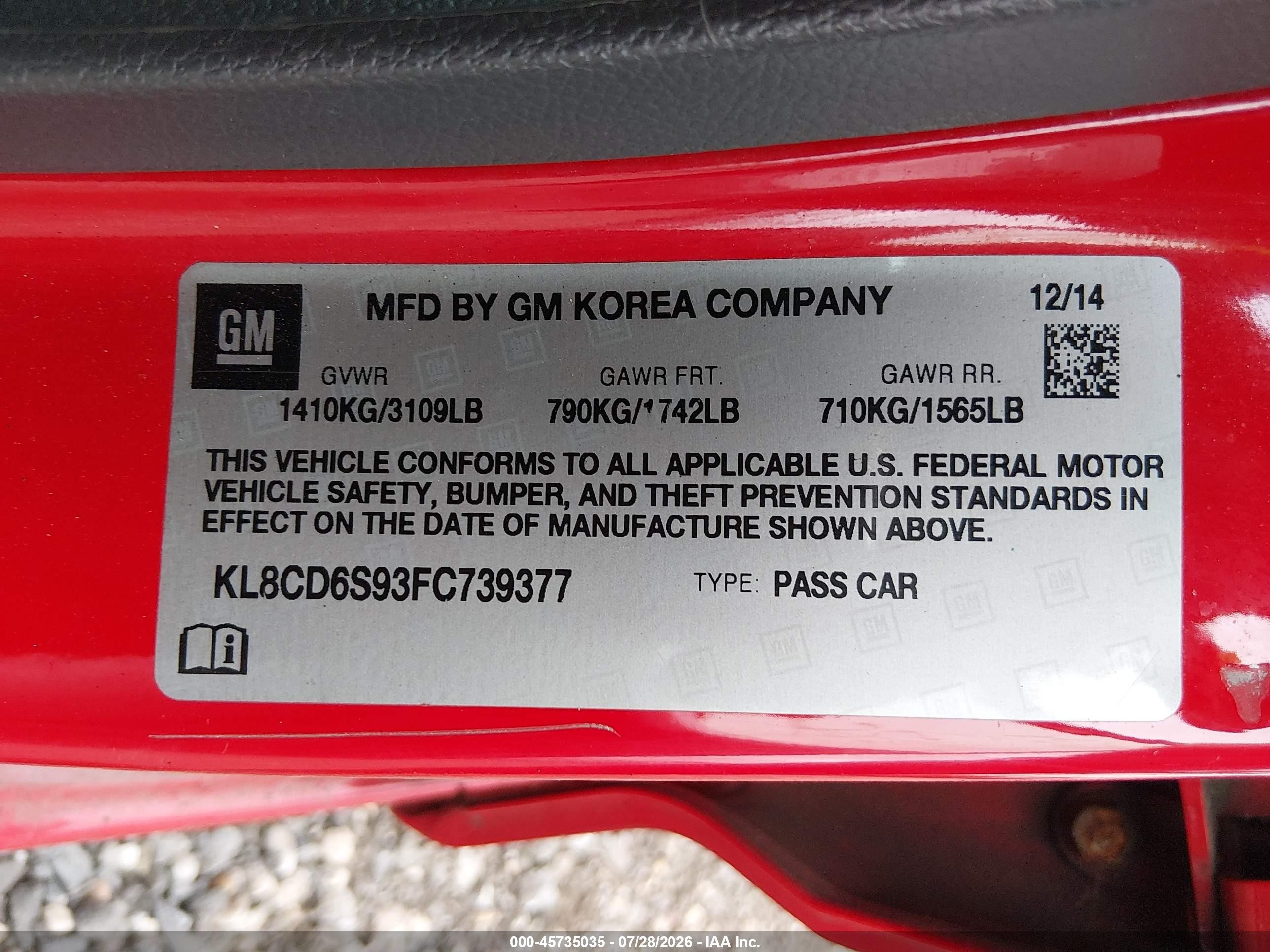 2015 Chevrolet Spark 1lt Cvt Red vin: KL8CD6S93FC739377