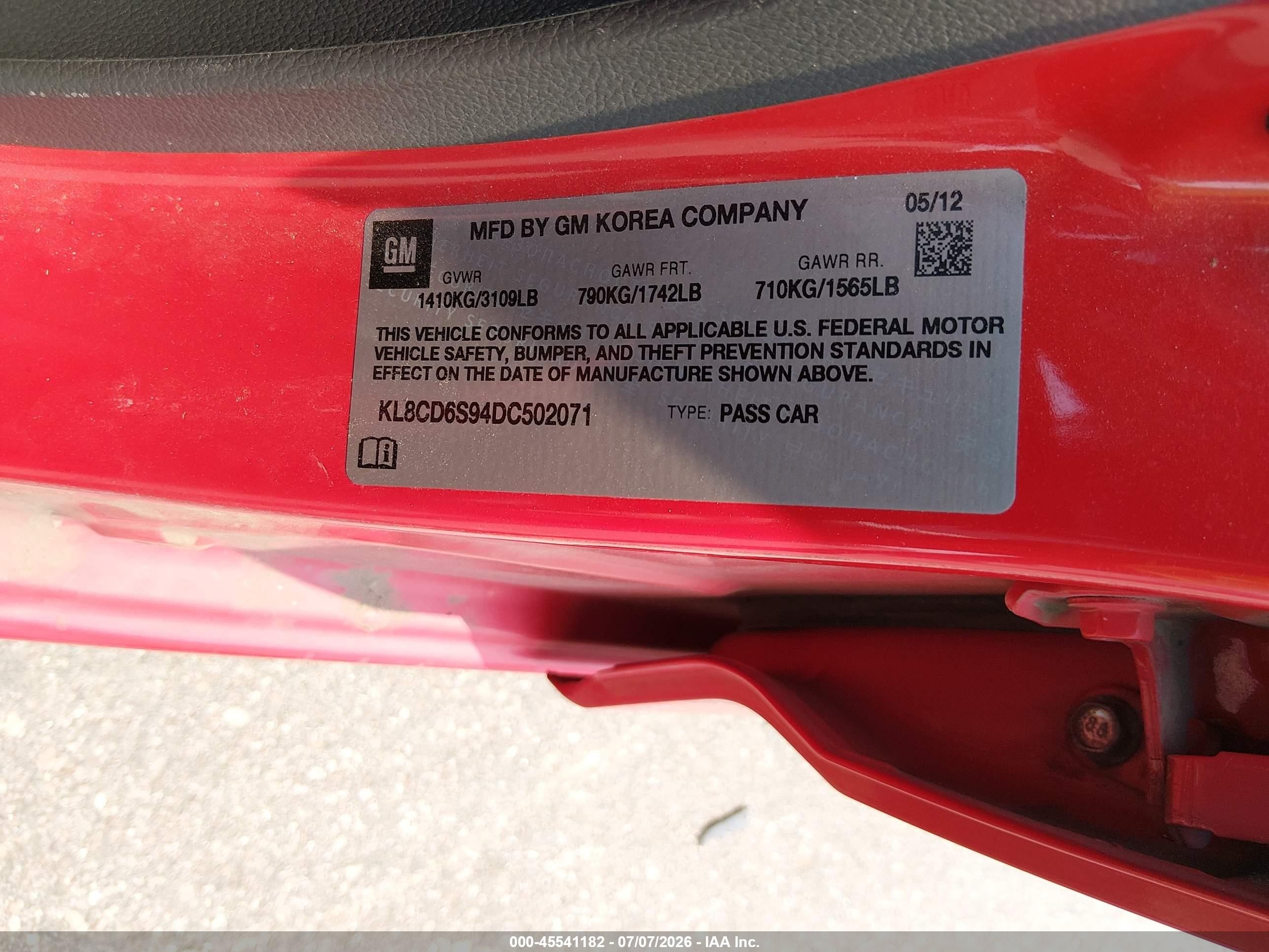 2013 Chevrolet Spark 1lt Auto Red vin: KL8CD6S94DC502071