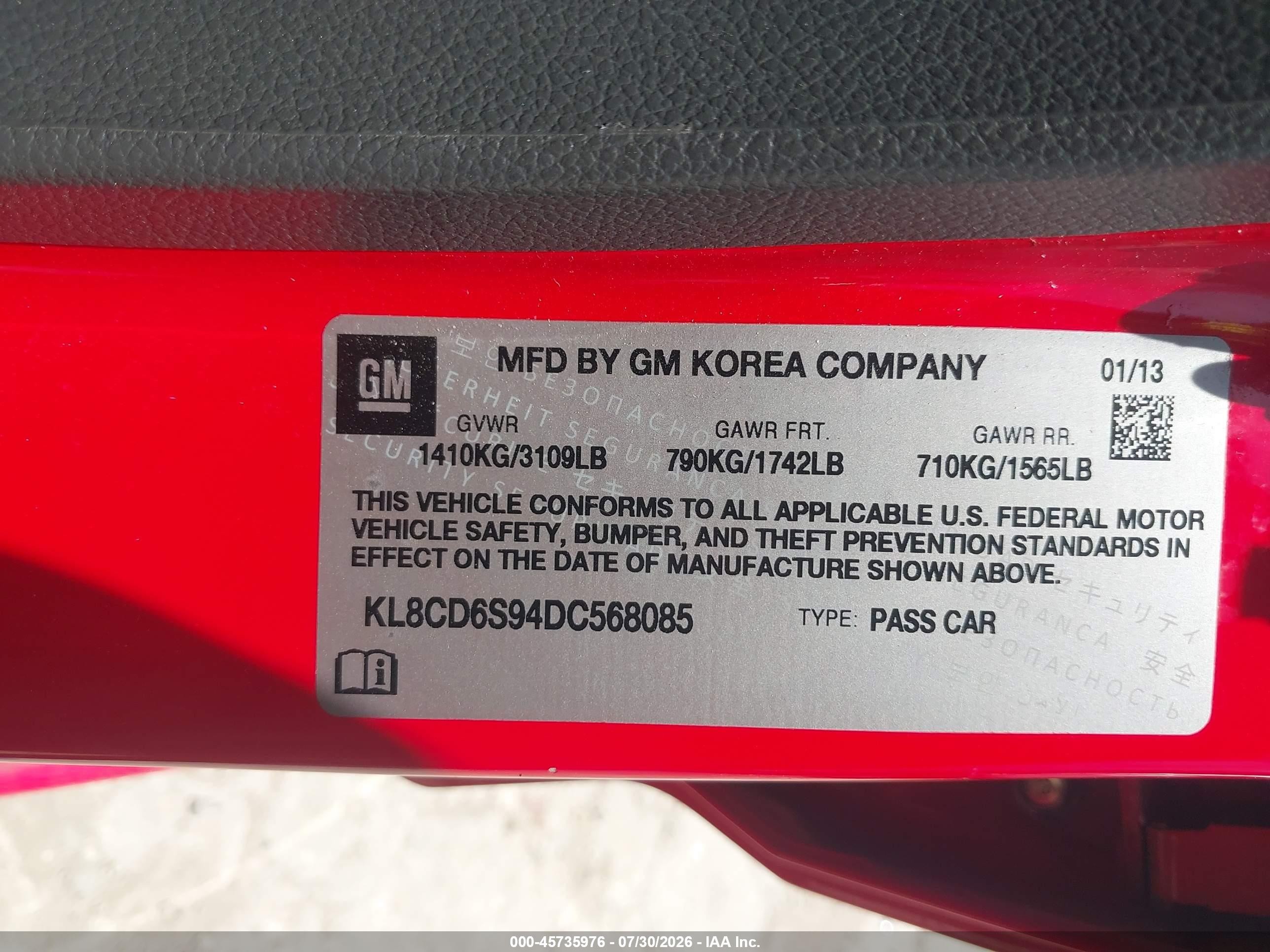 2013 Chevrolet Spark 1lt Auto Red vin: KL8CD6S94DC568085