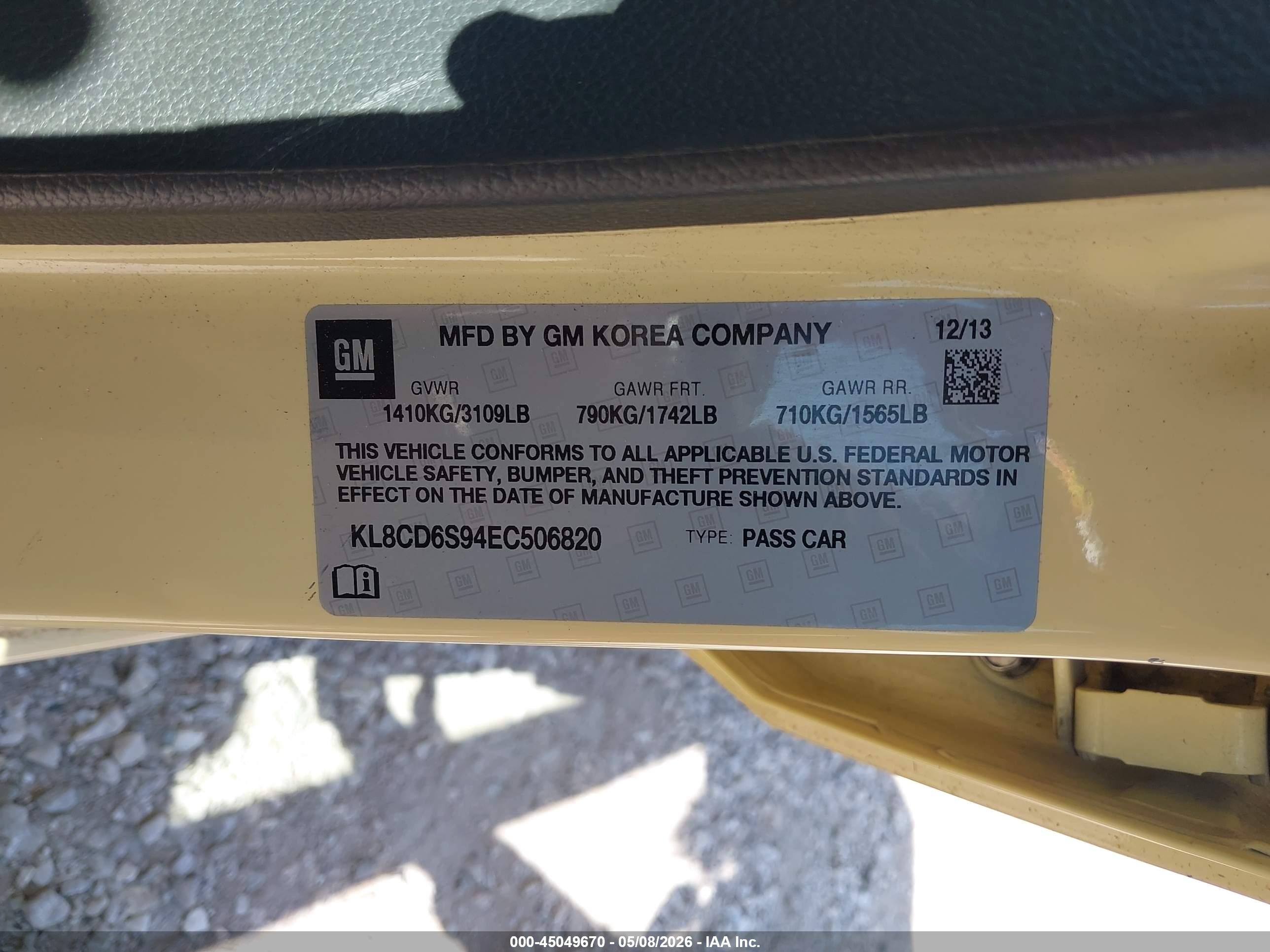 2014 Chevrolet Spark 1lt Auto Yellow vin: KL8CD6S94EC506820