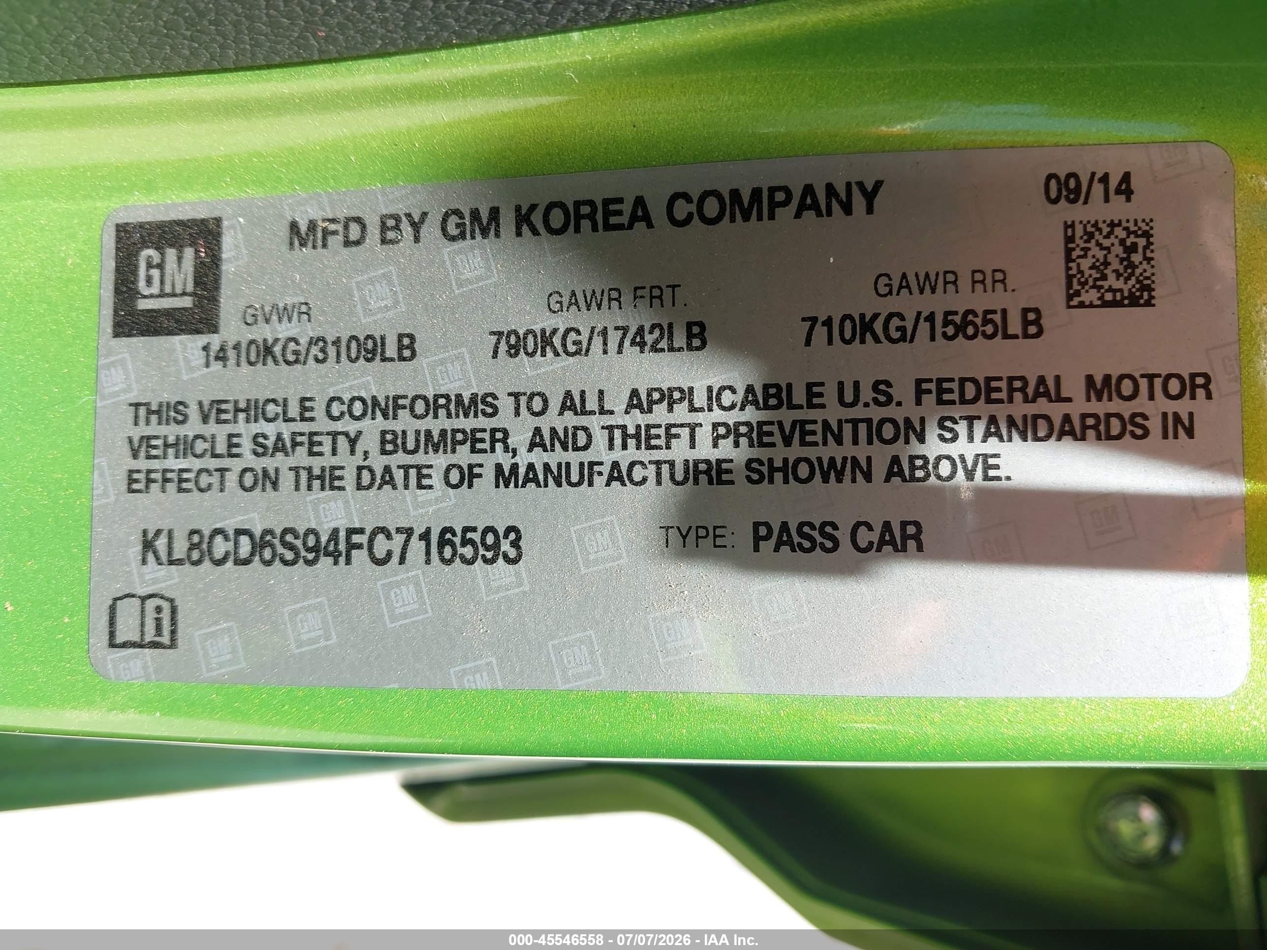 2015 Chevrolet Spark 1lt Cvt Green vin: KL8CD6S94FC716593