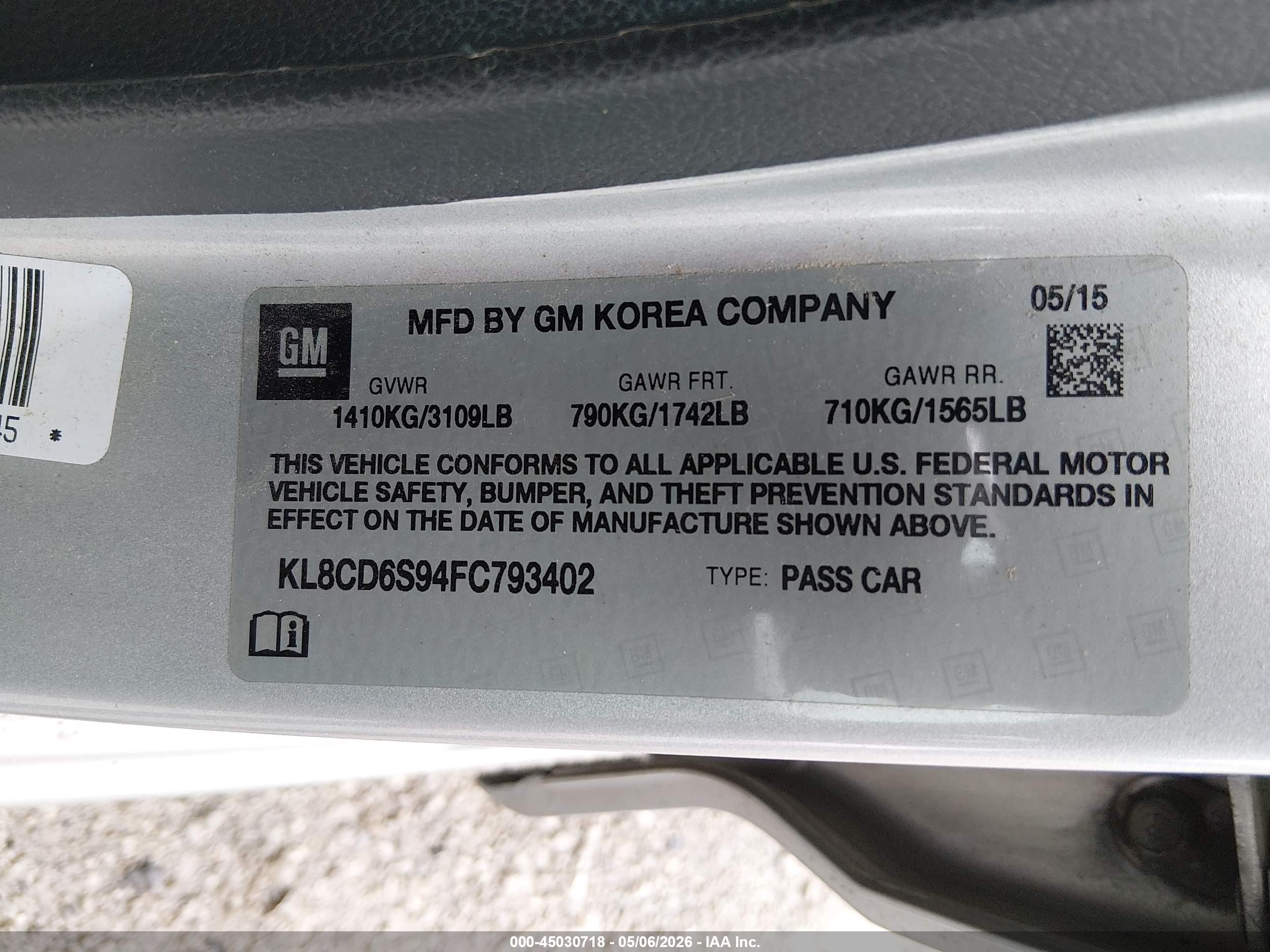 2015 Chevrolet Spark 1lt Cvt Gray vin: KL8CD6S94FC793402