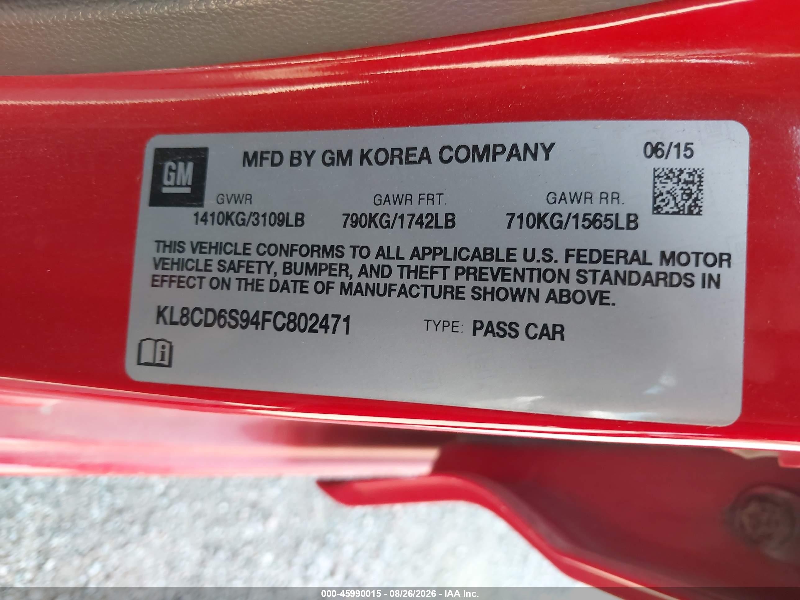 2015 Chevrolet Spark 1lt Cvt Red vin: KL8CD6S94FC802471