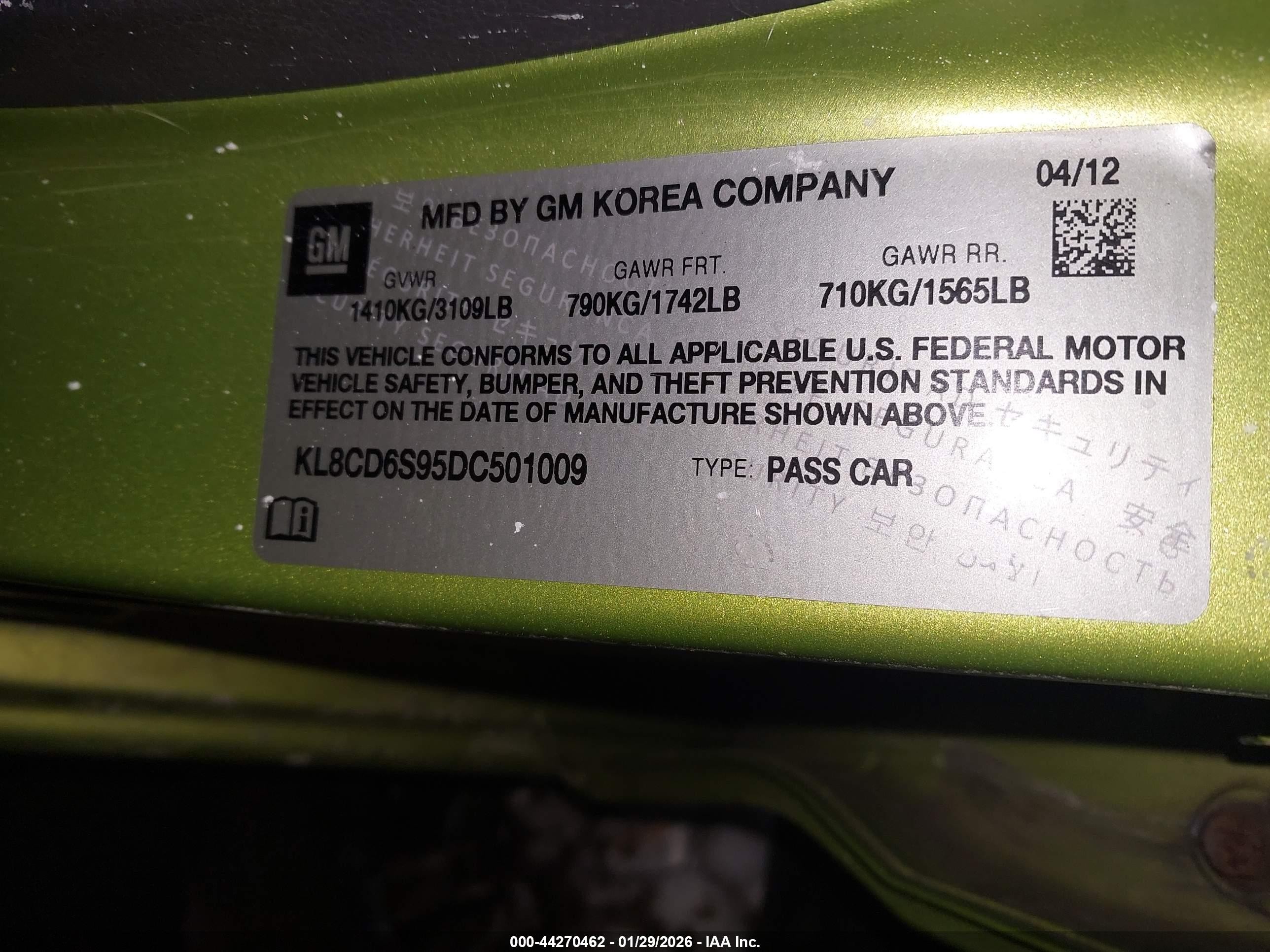 2013 Chevrolet Spark 1lt Auto Green vin: KL8CD6S95DC501009