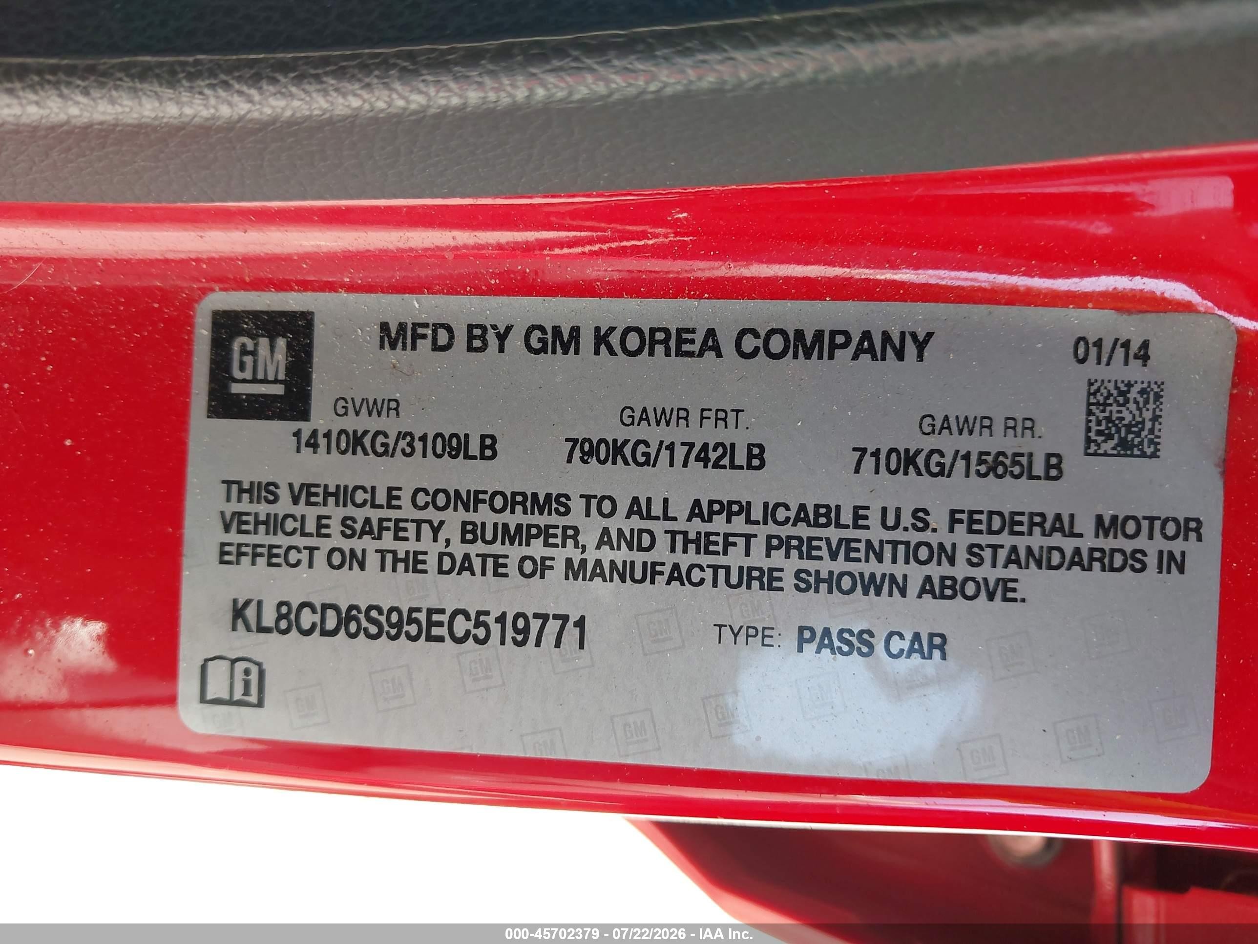 2014 Chevrolet Spark 1lt Auto Red vin: KL8CD6S95EC519771