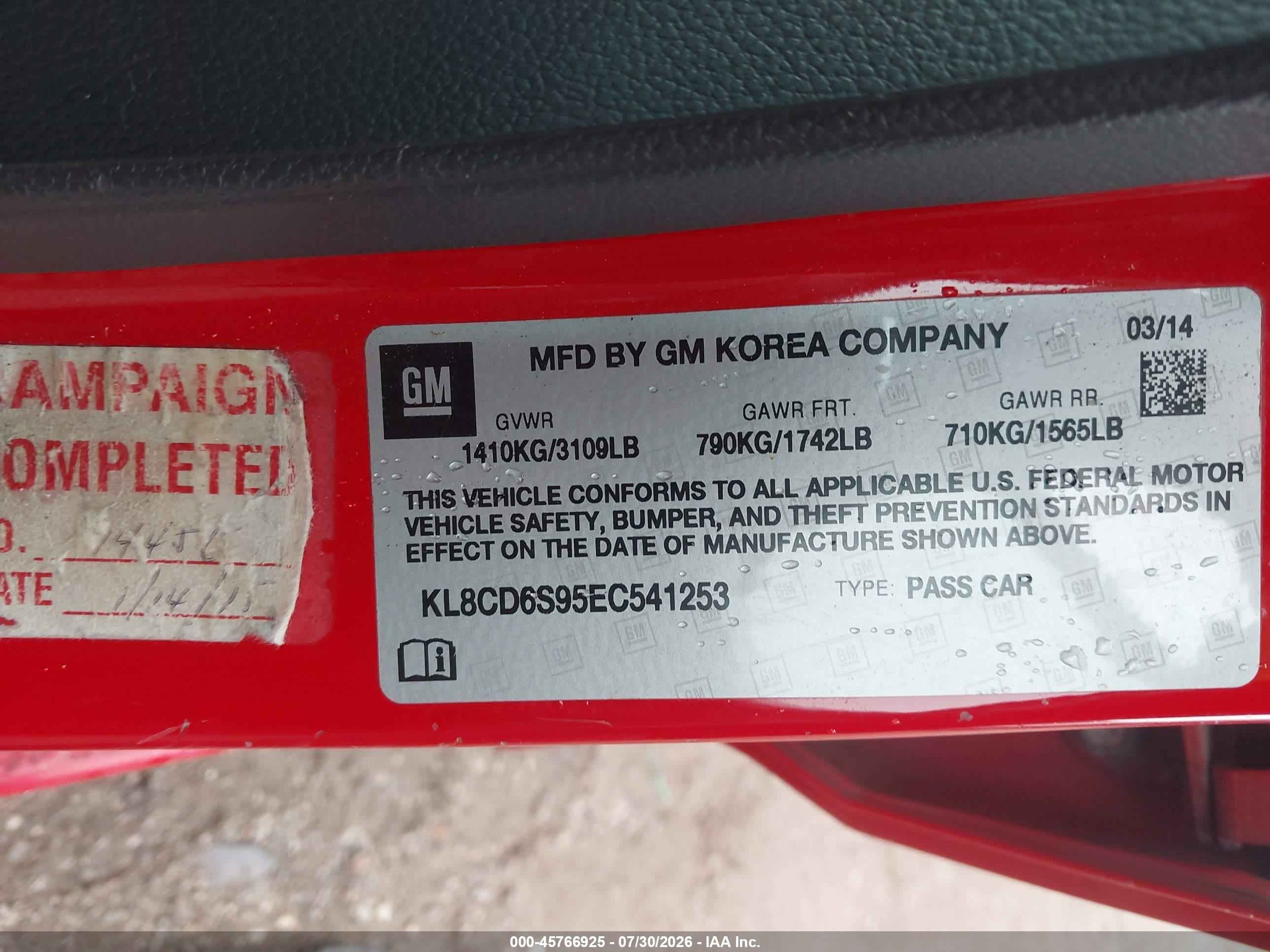 2014 Chevrolet Spark 1lt Auto Red vin: KL8CD6S95EC541253