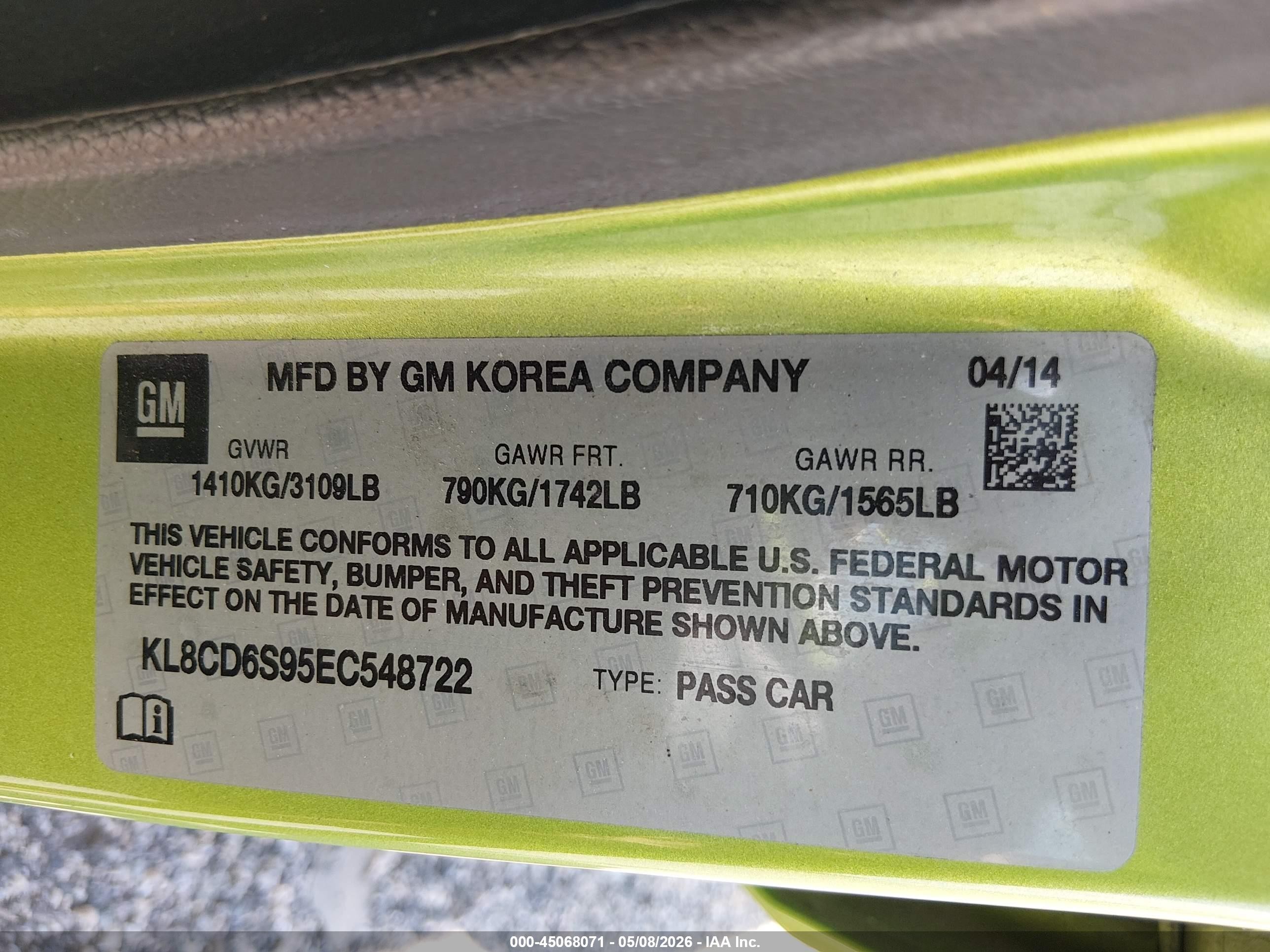 2014 Chevrolet Spark 1lt Auto Green vin: KL8CD6S95EC548722