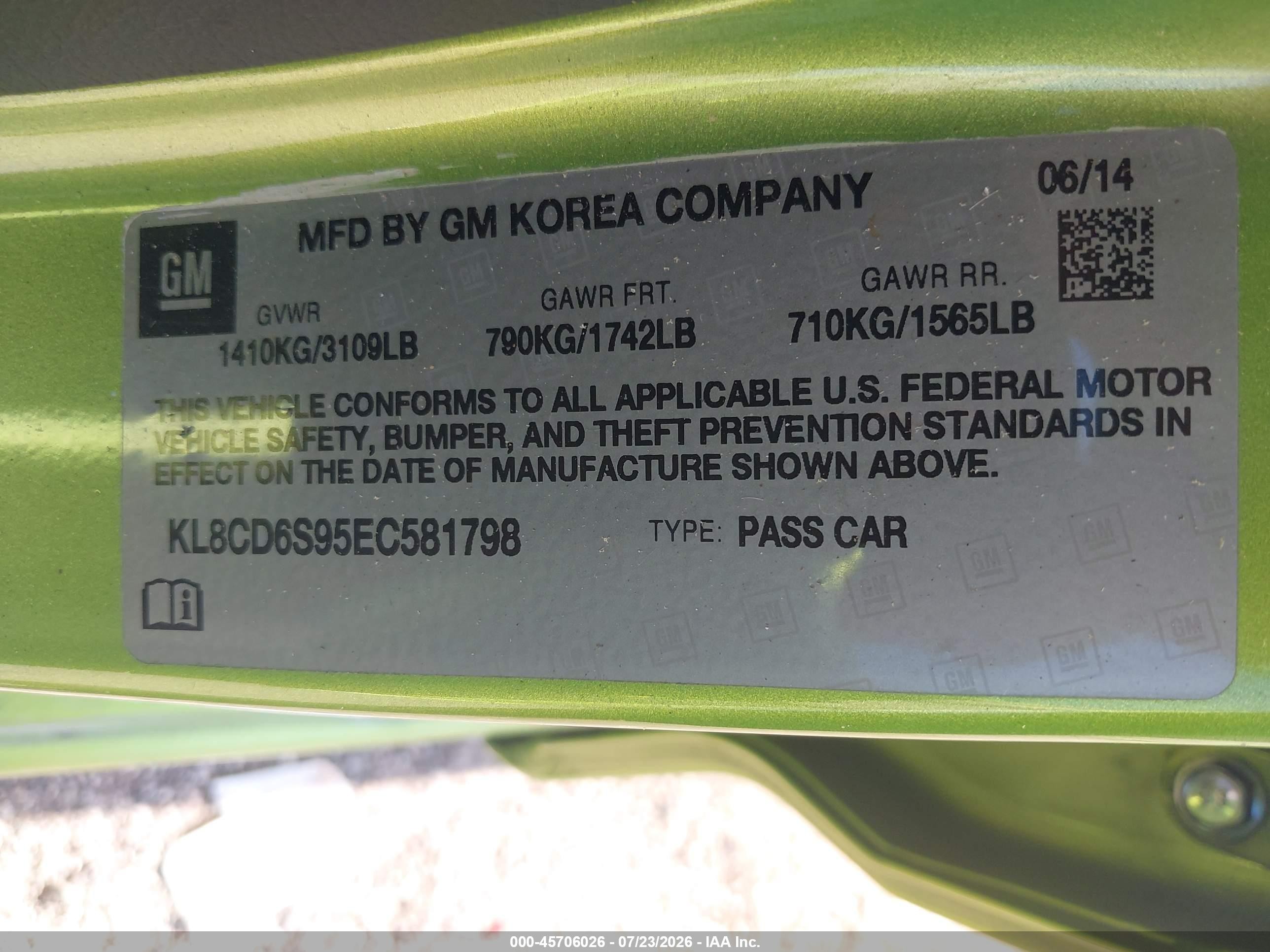 2014 Chevrolet Spark 1lt Auto Green vin: KL8CD6S95EC581798