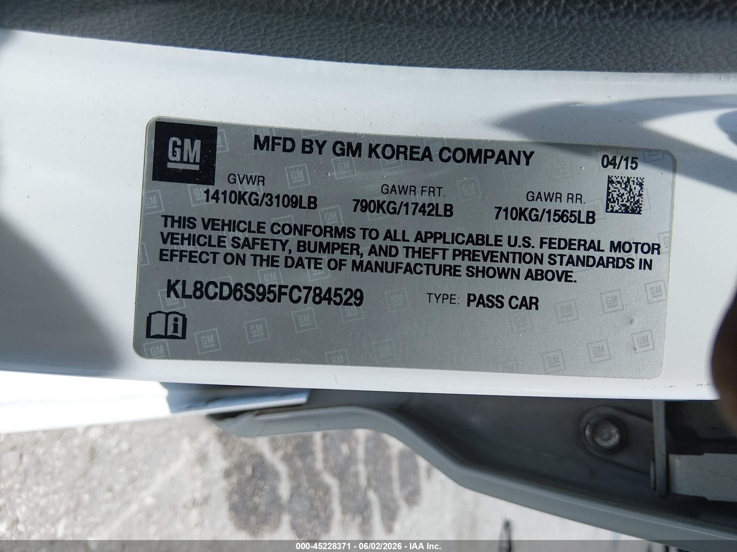 2015 Chevrolet Spark 1lt Cvt Белый vin: KL8CD6S95FC784529