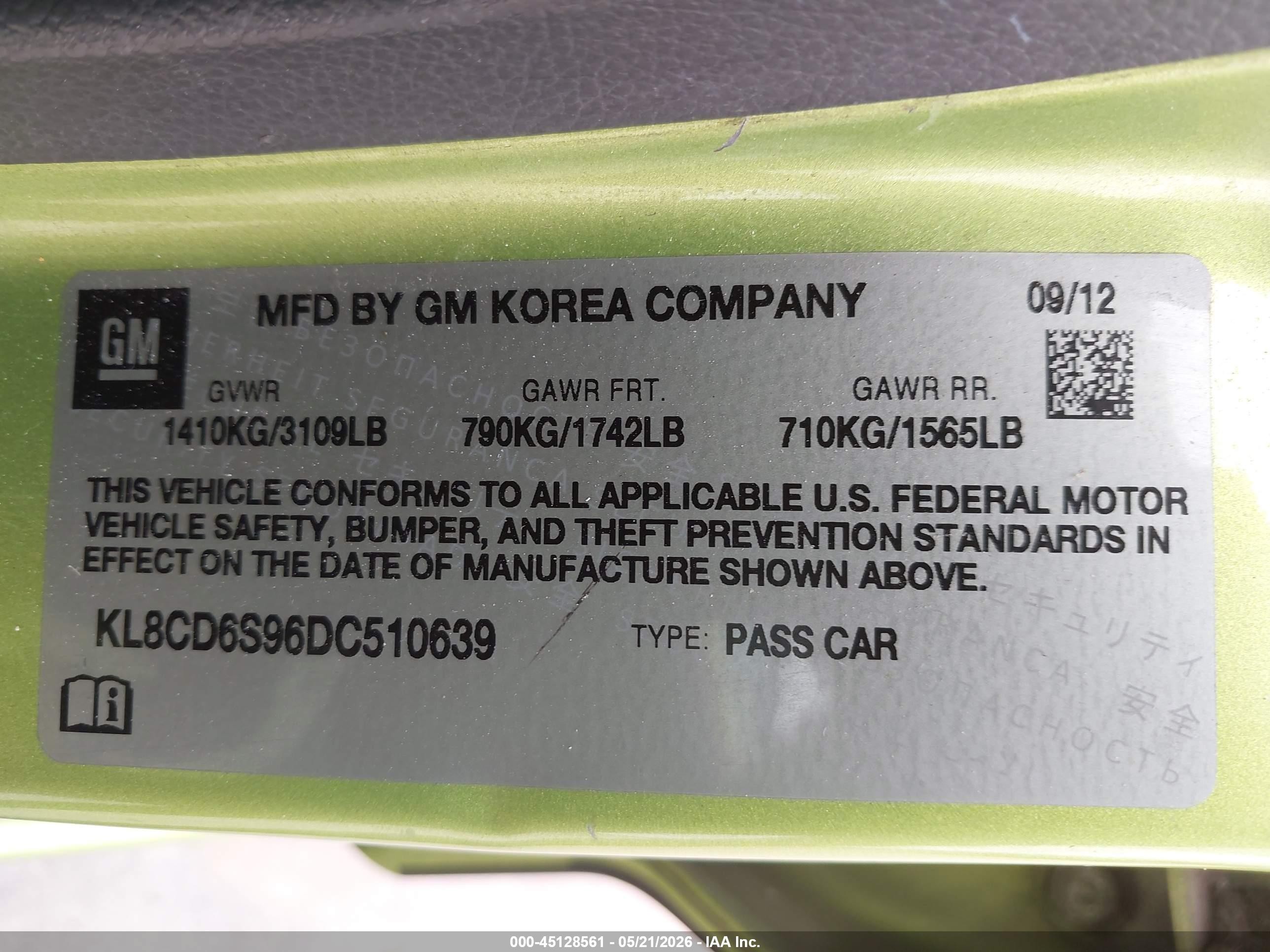 2013 Chevrolet Spark 1lt Auto Green vin: KL8CD6S96DC510639